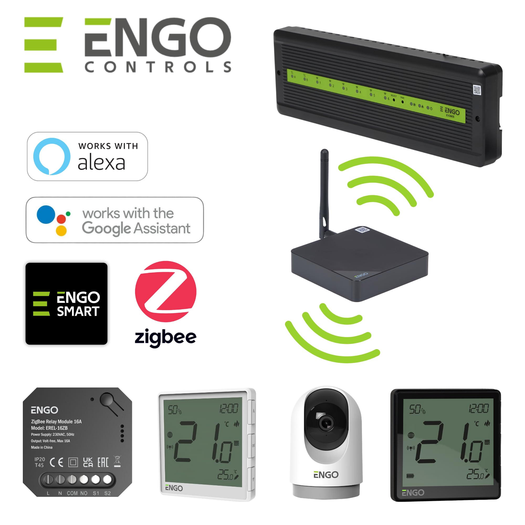 ENGO Sterowanie wielostrefowe bezprzewodowe podpodłogowe UFH Smart Control Pack Zigbee Wifi Gateway, centrum okablowania, 2-6 inteligentnych termostatów (czarny, 4, strefy)