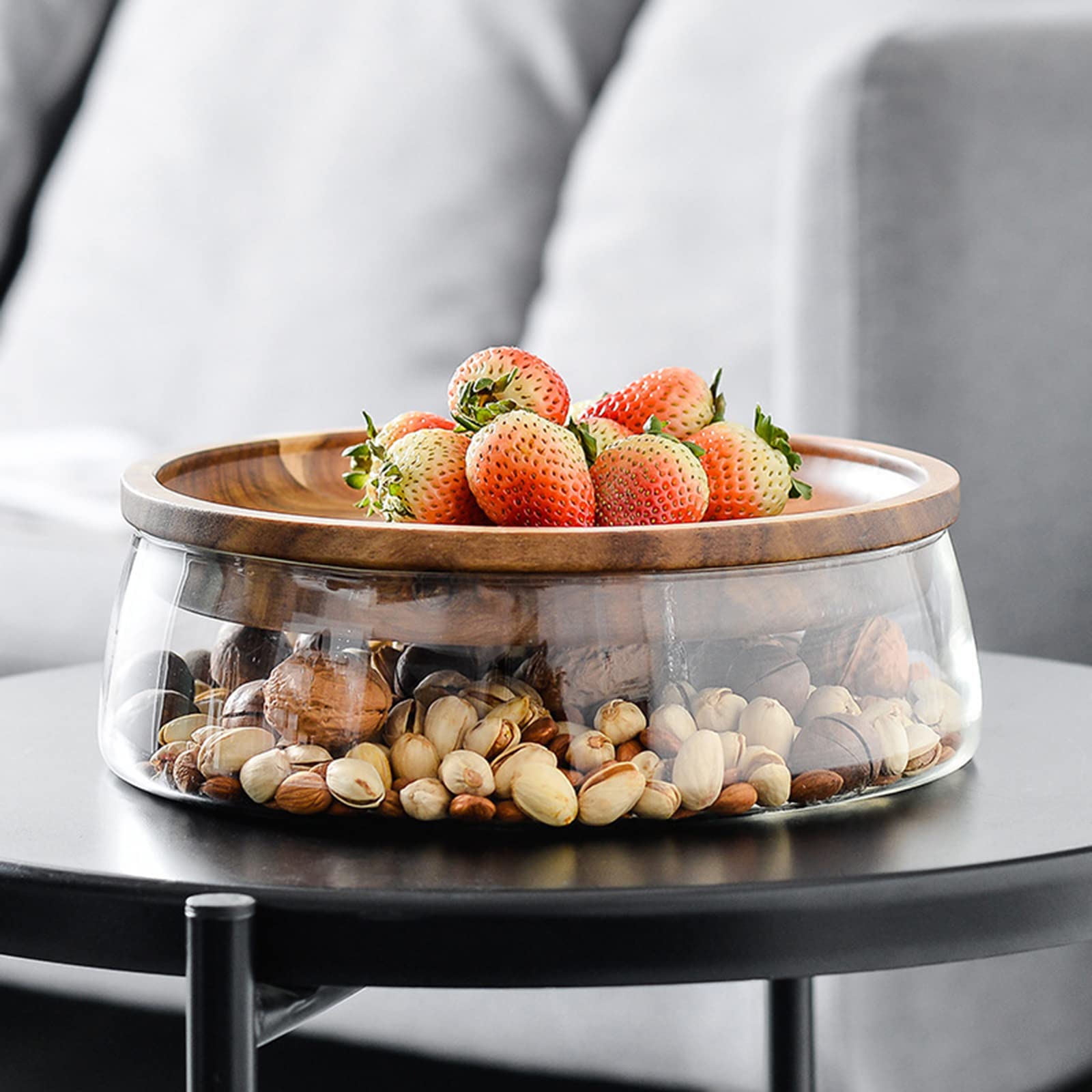 MLWSKERTY Glass Bowl Storage Box With Wood Plate Double Layer Clear Container For Restaurant Dining Room Food Collection