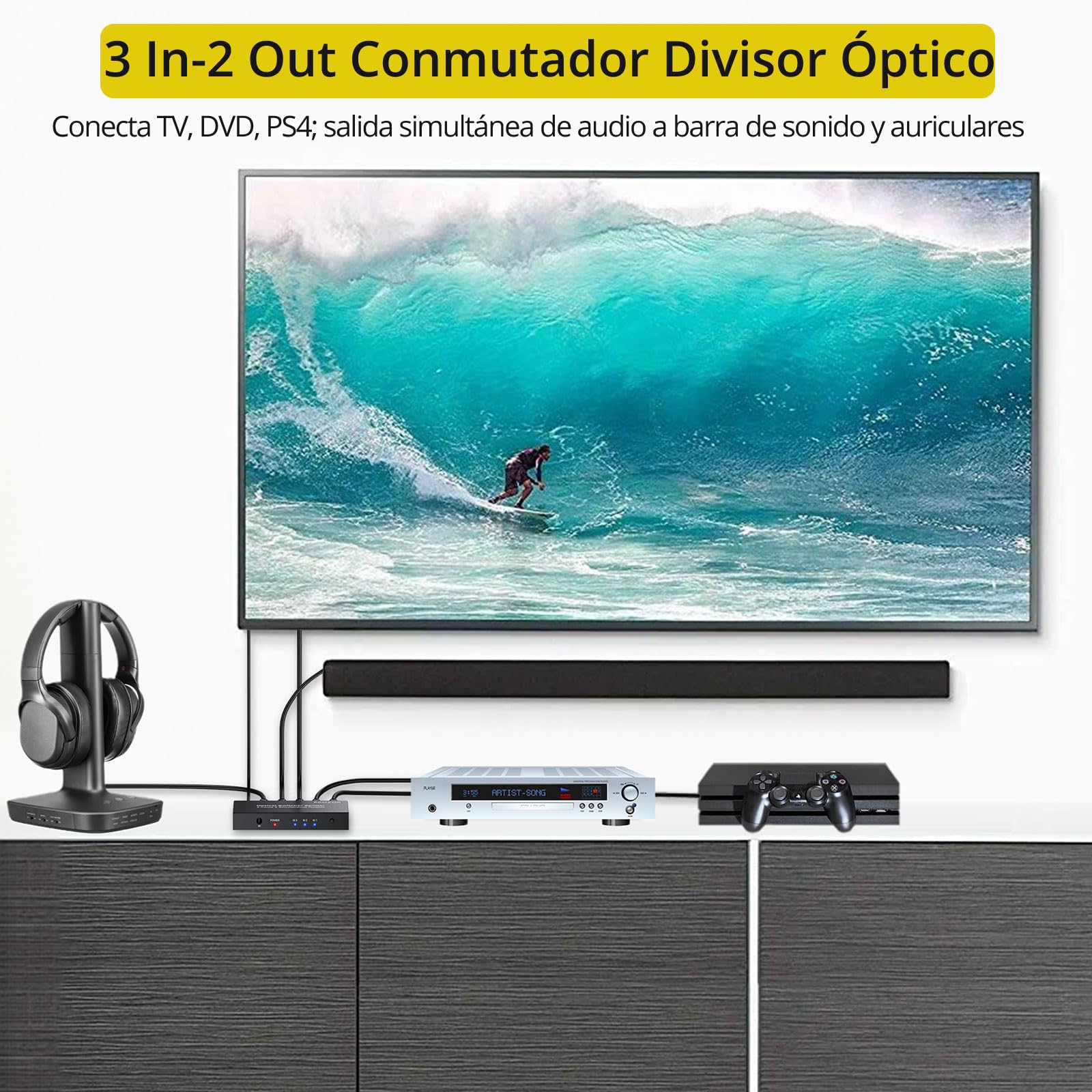 PROZOR Divisor Óptico 3 Entradas 2 Salidas SPDIF Toslink, Conmutador Splitter con Control Remoto IR Divisor de Audio Aleación de Aluminio Compatible con LPCM2.0 DTS Dolby-AC3 para Soundbar Blu-Ray PS4