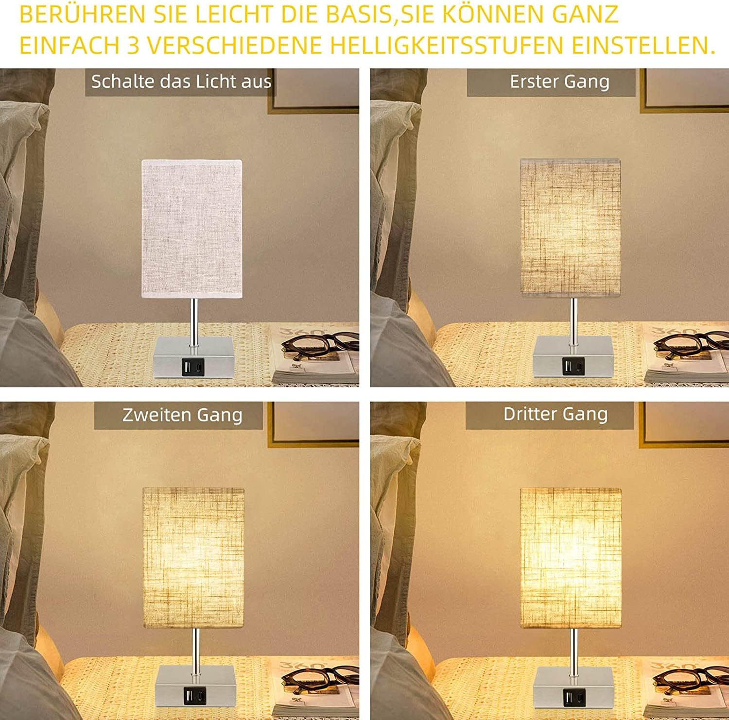 Lightess 2 Pezzi Lampada da Comodino Touch Dimmerabile, Ricaricabile Abat Jour da Comodino Senza Fili, Luce Comodino a Batteria, Vintage Lampada LED Comodino per Camera da Letto, Soggiorno, Beige