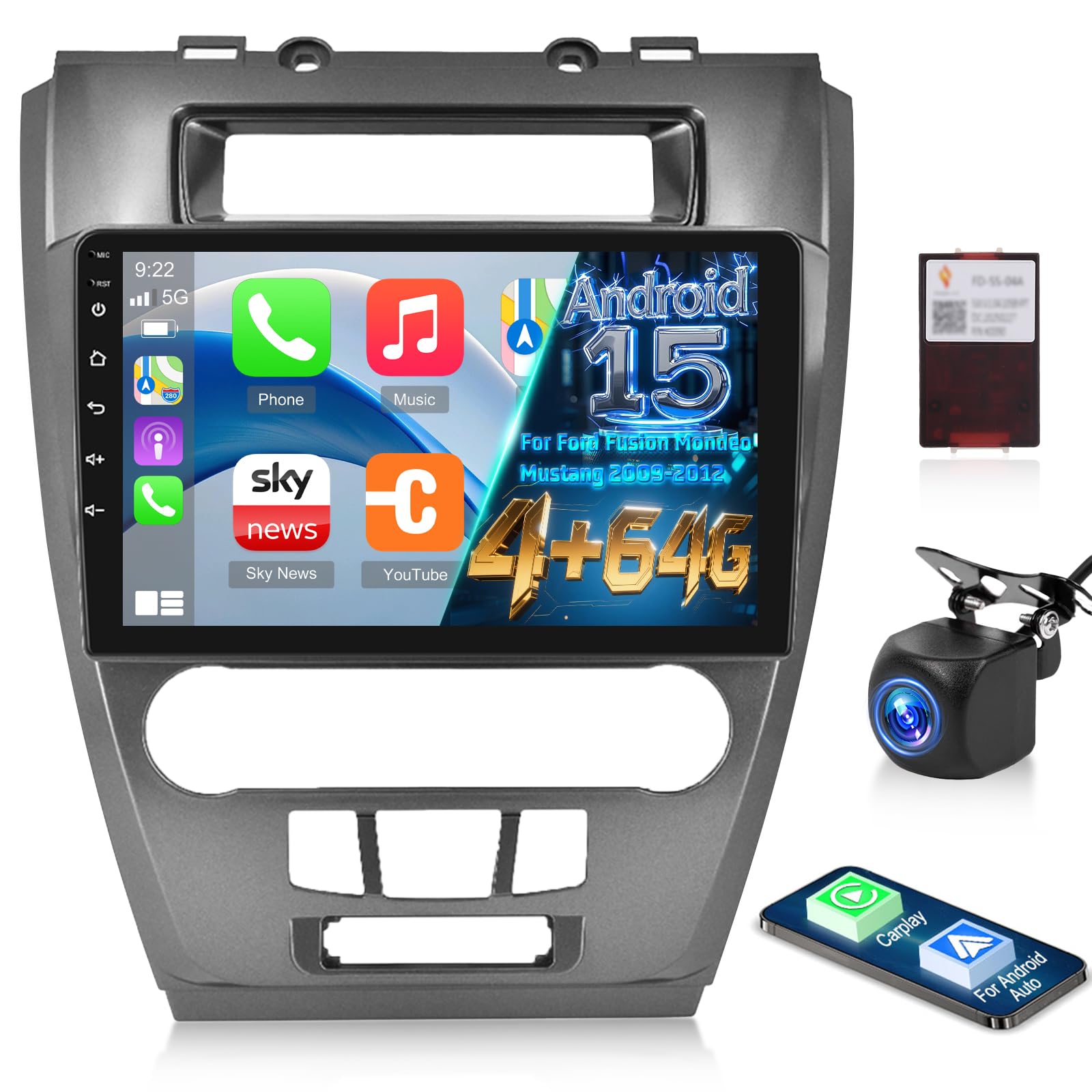 Photo 1 of 5G WiFi 8 Core Car Stereo for Ford Fusion Mondeo Mustang 2009 2010 2011 2012 (Grey) with Carplay & Android Auto - 4G+64G Android 15 Touchscreen Radio with EQ DSP/Cooling Fan/GPS/SWC/Backup Camera
