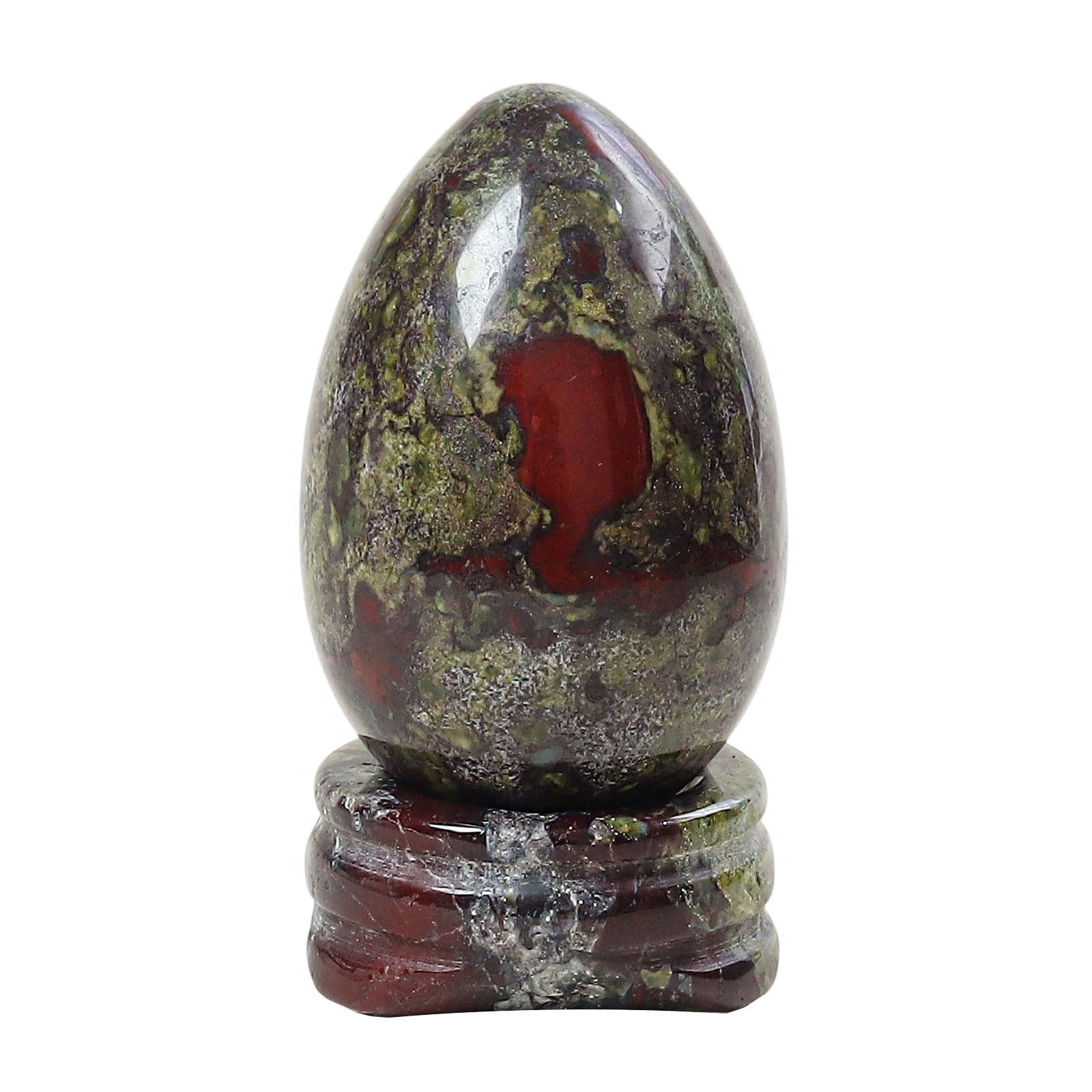 Uovo di pietra del sangue di drago naturale con supporto in cristallo, statuetta curativa in pietra lucida, scultura decorativa da 4,3 cm, per casa, ufficio, yoga, meditazione
