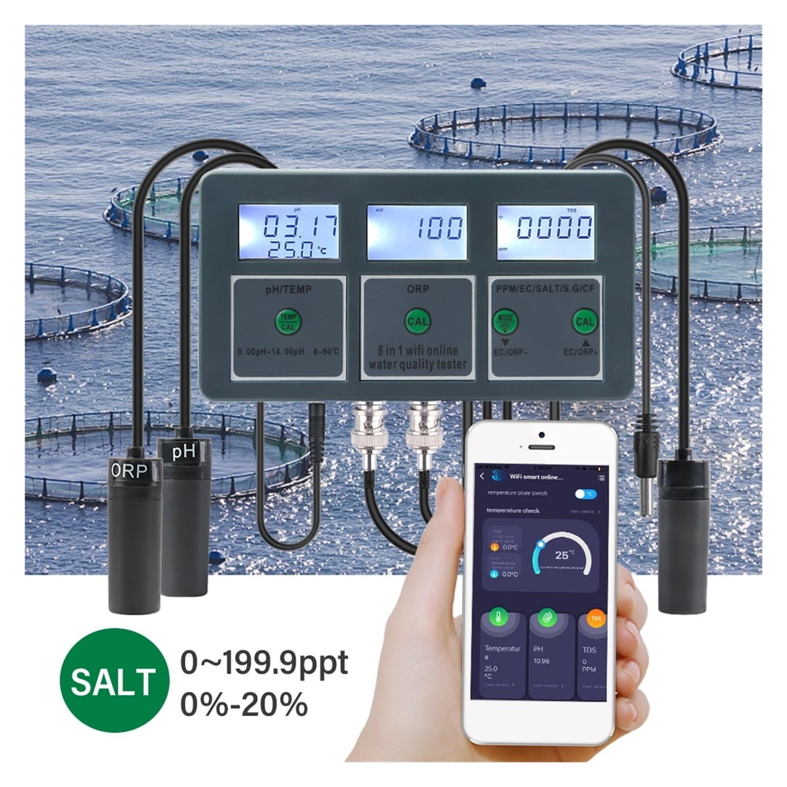 Monitor WiFi Tuya Smart PH ORP TDS EC SALE SG TEMP CF Misuratore di qualità dell'acqua online Tester Dati,Resistenza alla corrosione