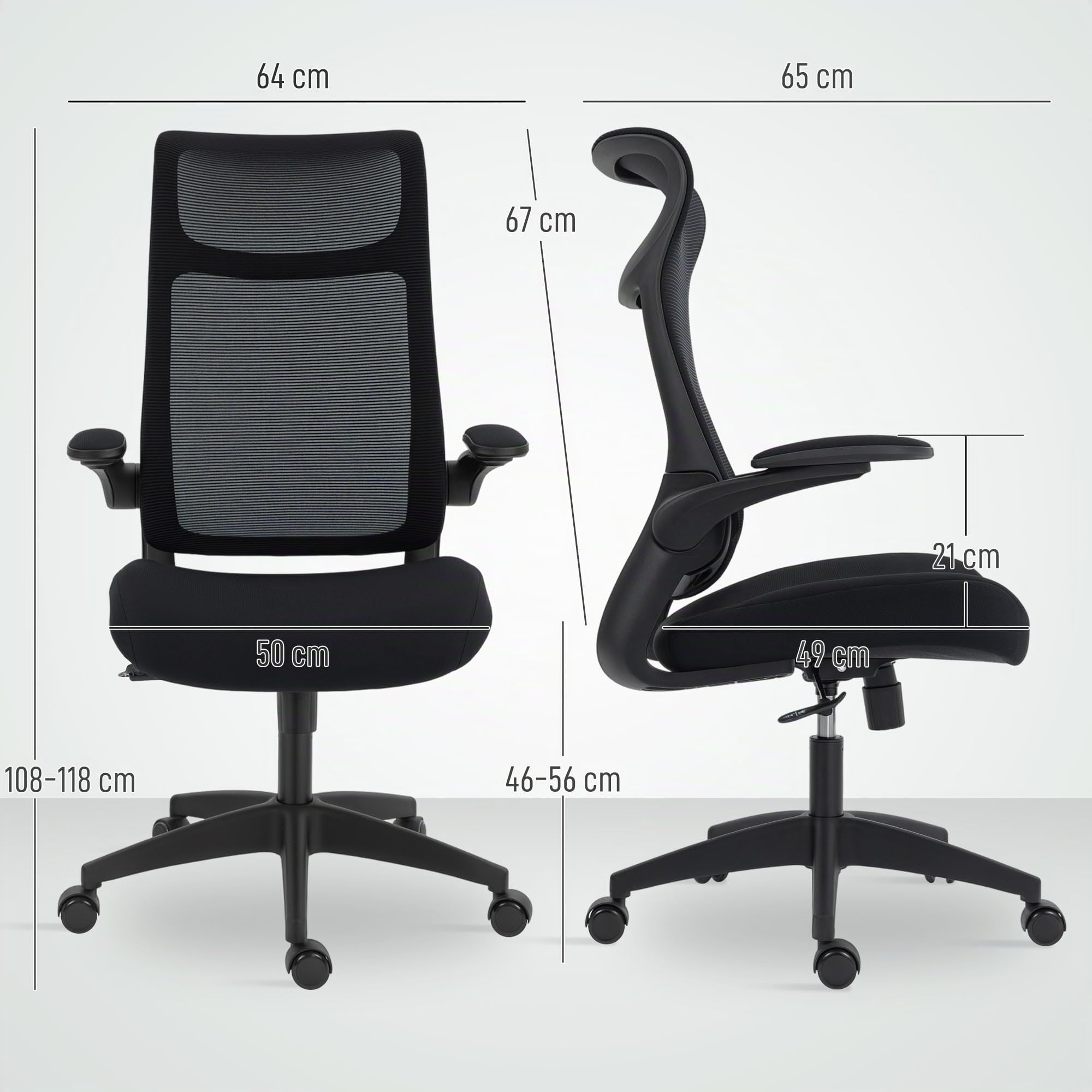 HOMCOM Silla de Oficina Ergonómica Giratoria con Soporte Lumbar Negro | Reposabrazos 3D Abatibles, Silla de Escritorio de Malla Transpirable, Reposacabezas Integrado, Basculante, Altura Ajustable