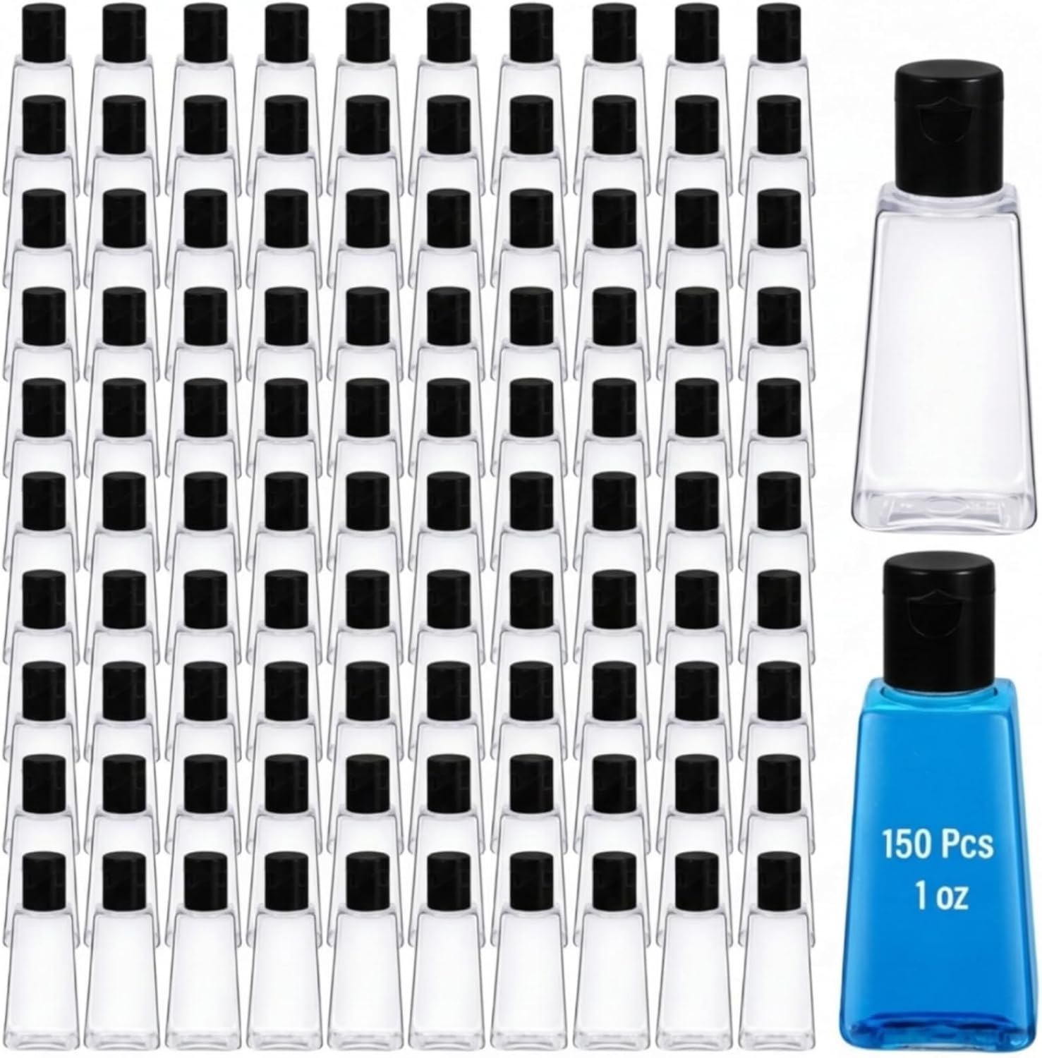 LemonRoad 150 Pcs 1 oz Empty Travel Bottles Bulk Mini Hand Sanitizer Bottle with Flip Caps Portable Clear Empty Refillable Containers for Shampoo Lotion Liquid Body Soap Cream Toiletries (Black Lid)