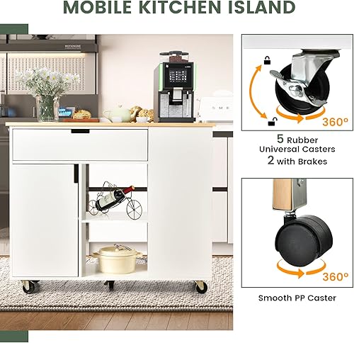 Miniatura 7 de LOKO Isla de cocina con hoja caída, carrito de almacenamiento de cocina rodante con cajón, gabinete, 6 estantes abiertos, estante de especias y