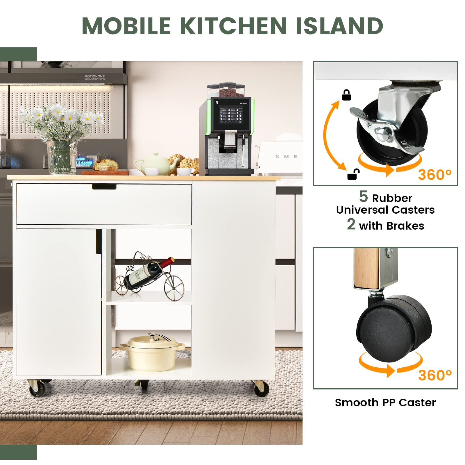 GIANTEX Carrito de Cocina con Isla, Carros de Servicio Rodante de Madera con Hoja, Cajón, Toallero y Portaespecias, Multiusos con Ruedas para Cocina y Comedor (Blanco)