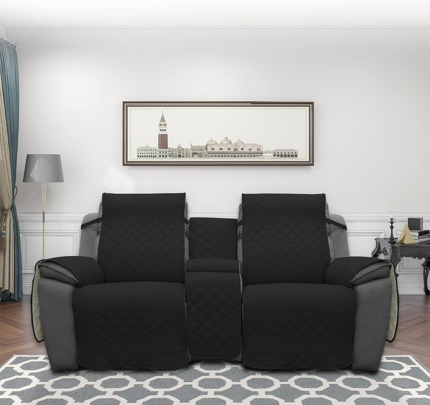 Easy-Going Loveseat Recliner Cover with Console, Reversible Couch Cover for Living Room, Split Sofa Cover for Each Seat with Elastic Straps for Kids, Dogs, Pets(2 Seater, Black/Beige)