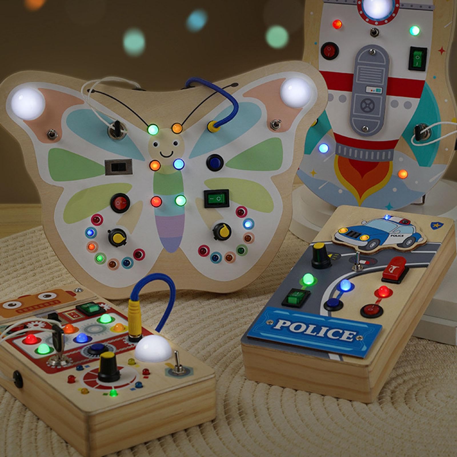 Busy Board Lernspielzeug Kinder LED Schalterbrett Steckdose Feinmotorik Förderung Handwerksaktivitäten aus Holz für Vorschule Reisen, Rakete