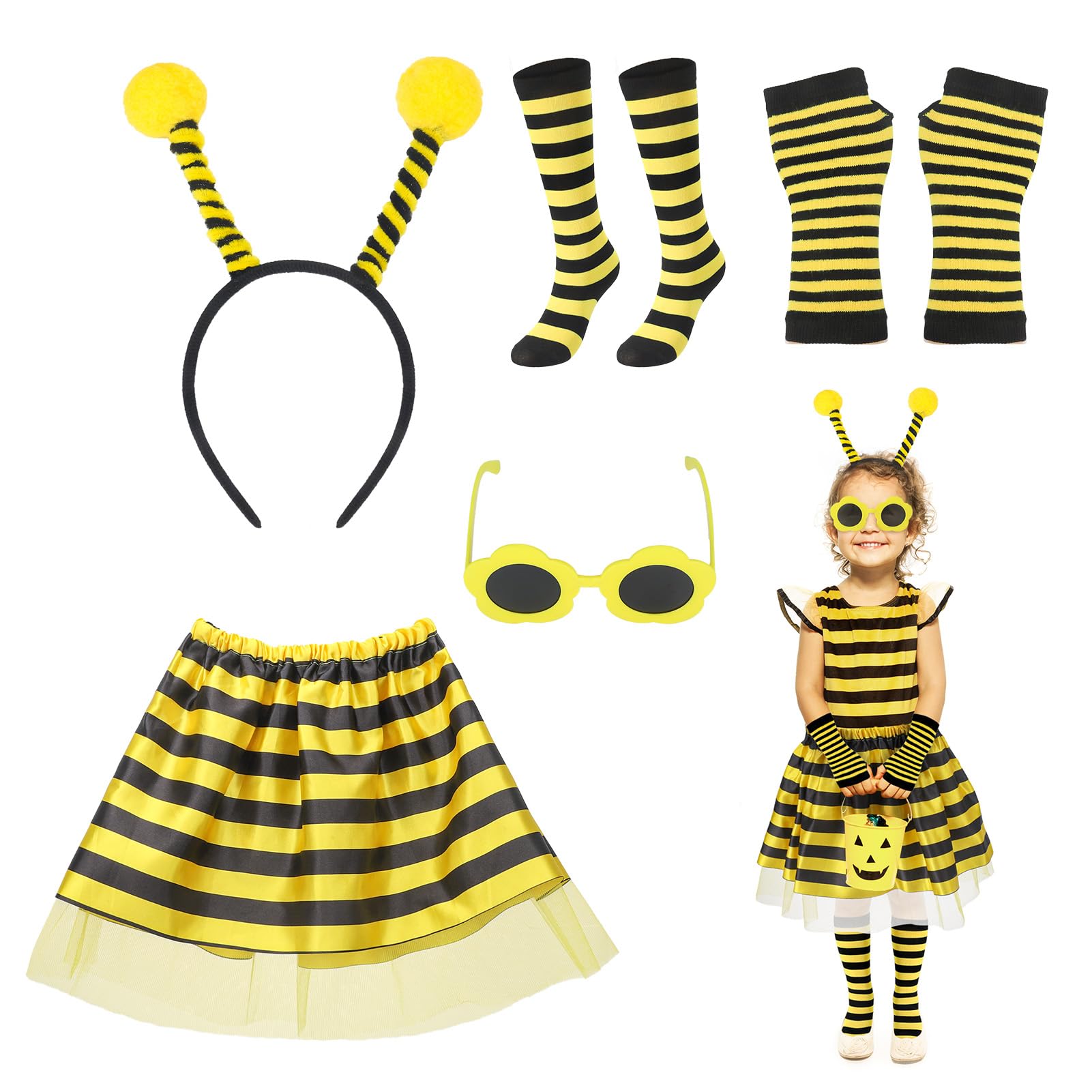 Candcamp5 Pieces Bee Costume Kids, Bee Costume, Dress Up for Girls Age 6-12,Fancy Dress for Kids Bee headband Bee Stockings Bee Armband Bee Skirt Flower Glasses for Dress Cosplay Party