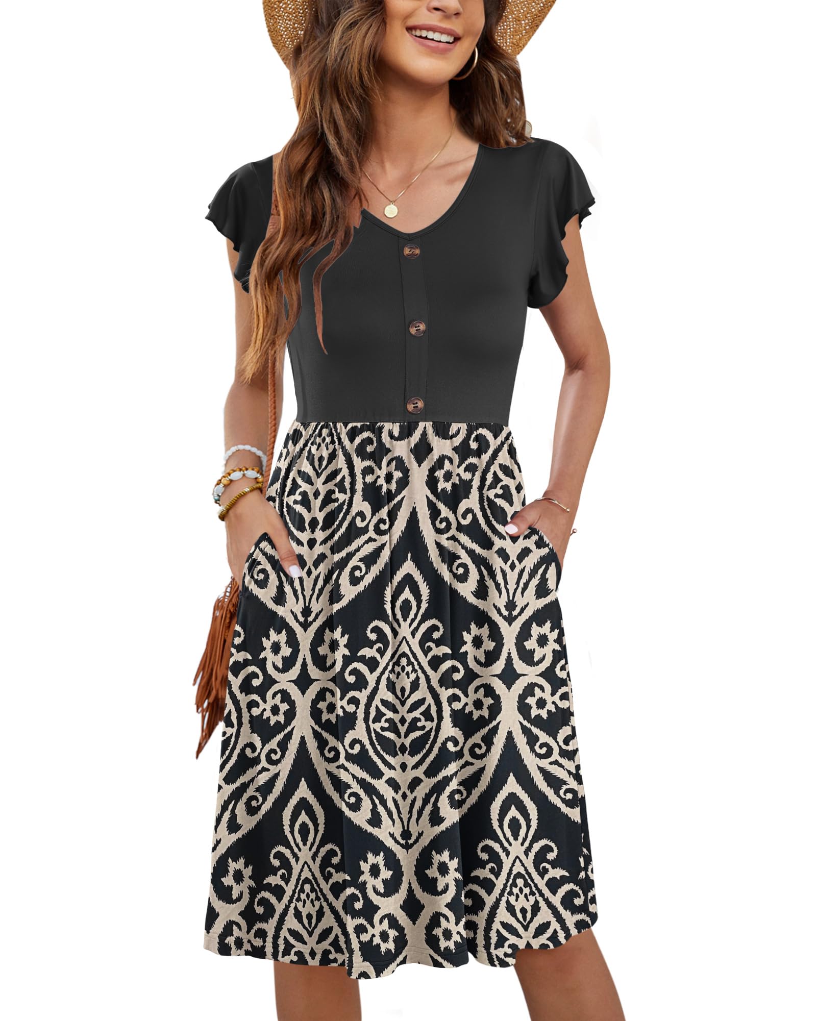 Molerani Women's Khaki2 Summer Dresses For Uk Ruffle Sleeve Sundresses V Neck Dress Casual Beach Dresses Elastic Waist Midi Dress With Pockets Khaki 2XL
