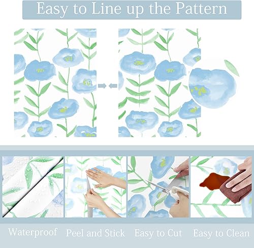 Miniatura 7 de Papel tapiz azul floral para despegar y pegar, papel de contacto de flores de acuarela para gabinetes, lindo papel tapiz azul floral autoadhesivo,