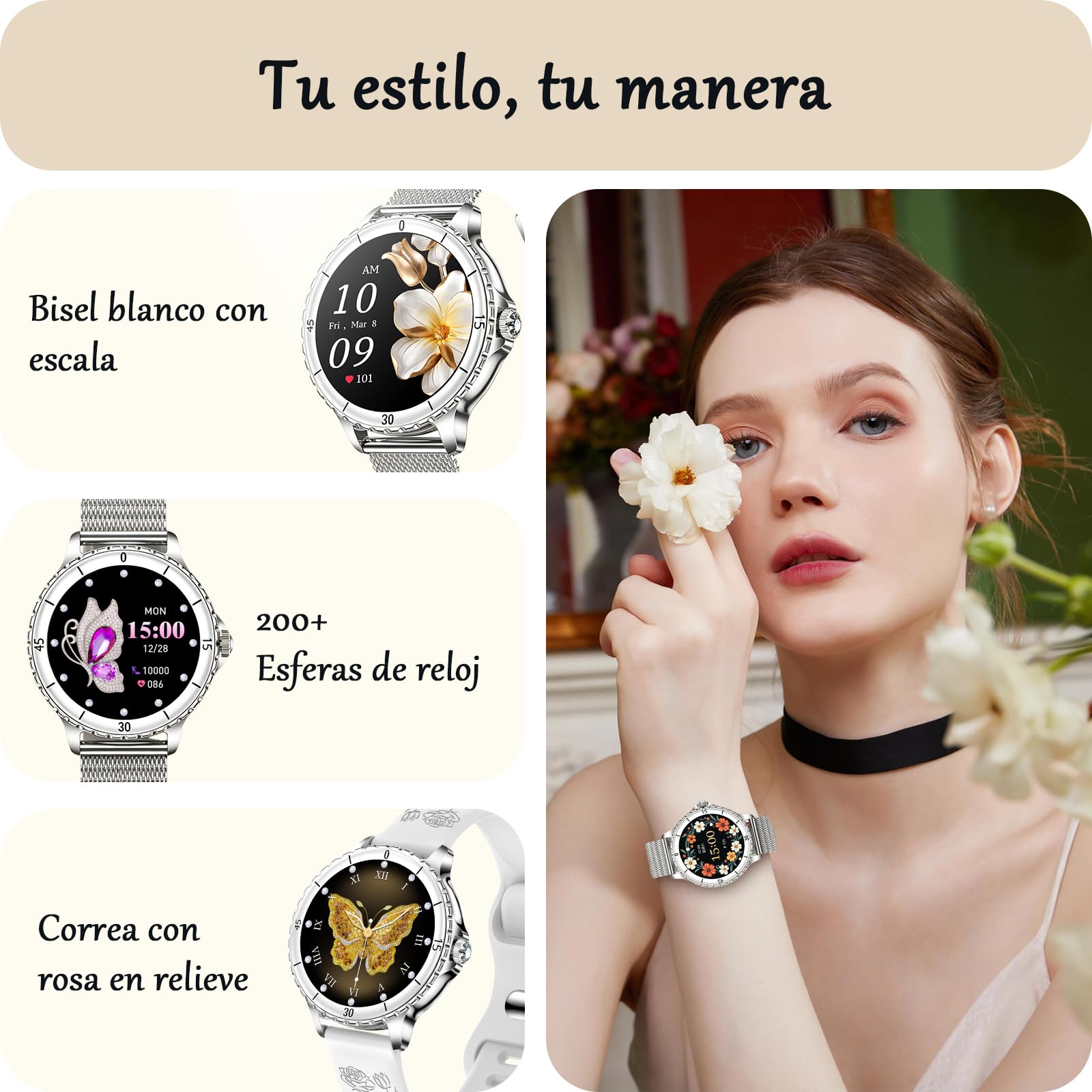Reloj Inteligente Mujer con Llamadas, 1.27” HD Smartwatch Redondo | 120+ Modos Deportivos, Pulsómetro, SpO2, Monitor de Sueño, Rastreador de Actividad, IP68, Android iOS, 2 Correas, Plata