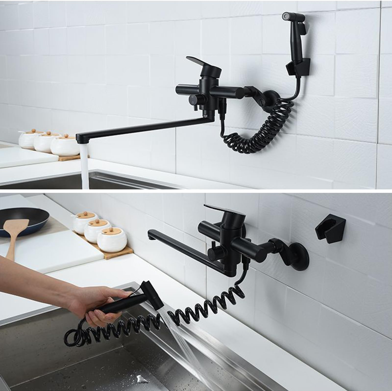 XJTNLB Wasserhahn Küche Wandmontage Ausziehbar 35cm Küchenarmaturen Wandmontage Einhebelmischbatterie Spülarmaturen Küche Edelstahl,Gebürstetes Gold