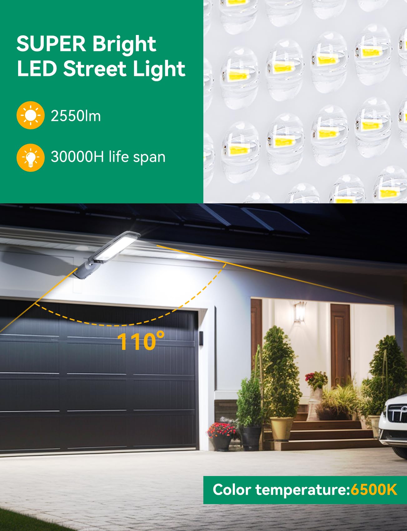 Aigostar 30W Lampione LED, 2550LM Luce stradale a LED 6500K IP65 impermeabile IK08 Per Parcheggio luce per Strada Scuola, parcheggio, campo da basket, cortile, piazza, 2 Unità