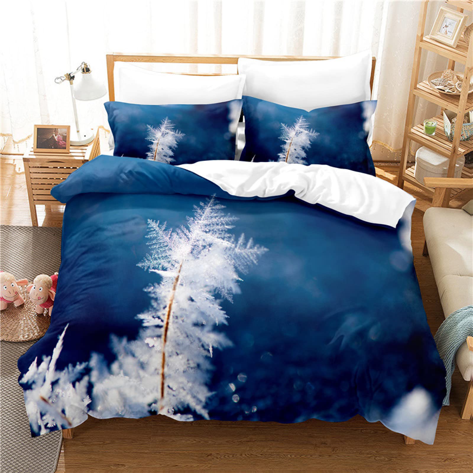 Fundas Nordicas 105 Flor De Hielo Azul Ropa de Cama para Niños Adultos con Cremallera Suave Transpirable 110gsm Microfibra Fundas Nordicas 220x240 cm + 2 Fundas de Almohada 50x80 cm