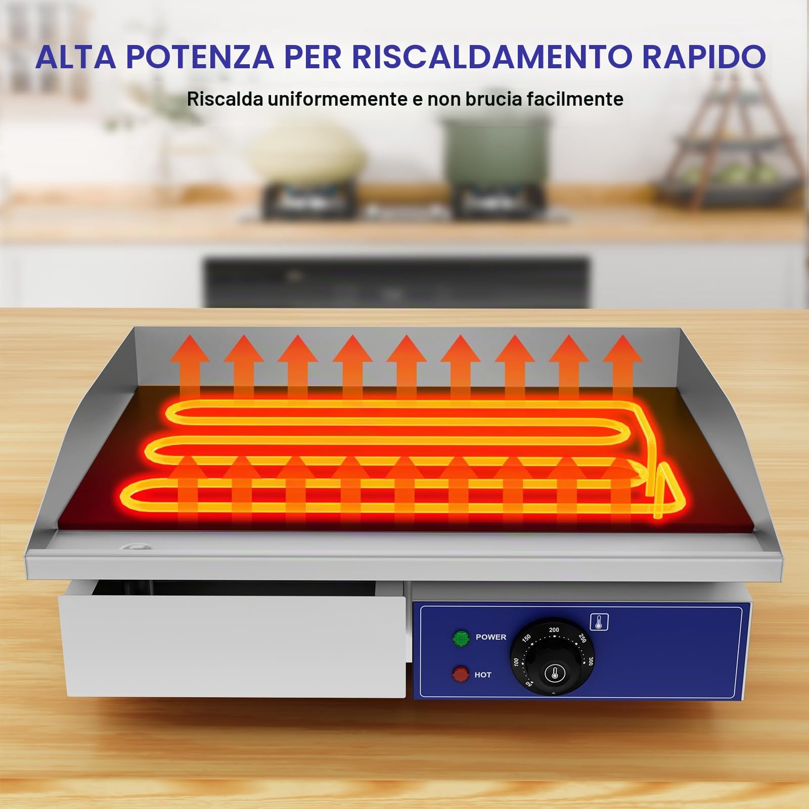 Taimiko Piastra elettrica professionale in acciaio inox 3000 W, 220-240 V, piastra grill in ghisa liscia, L540 x l355 mm, termostato da 50 a 300 °C, anti spruzzi, 18,5 kg