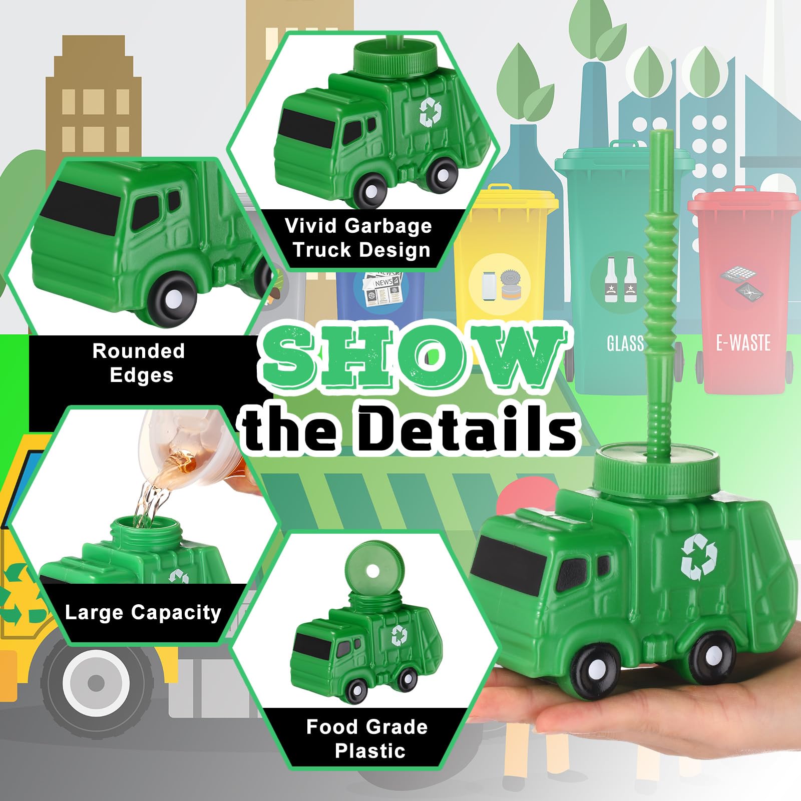 Tanlade - Set of 12 Garbage Cups with Straws, Birthday Party Decorations, 10 Oz Plastic Car Shape Reusable Car Party Decorations Vehicle Birthday