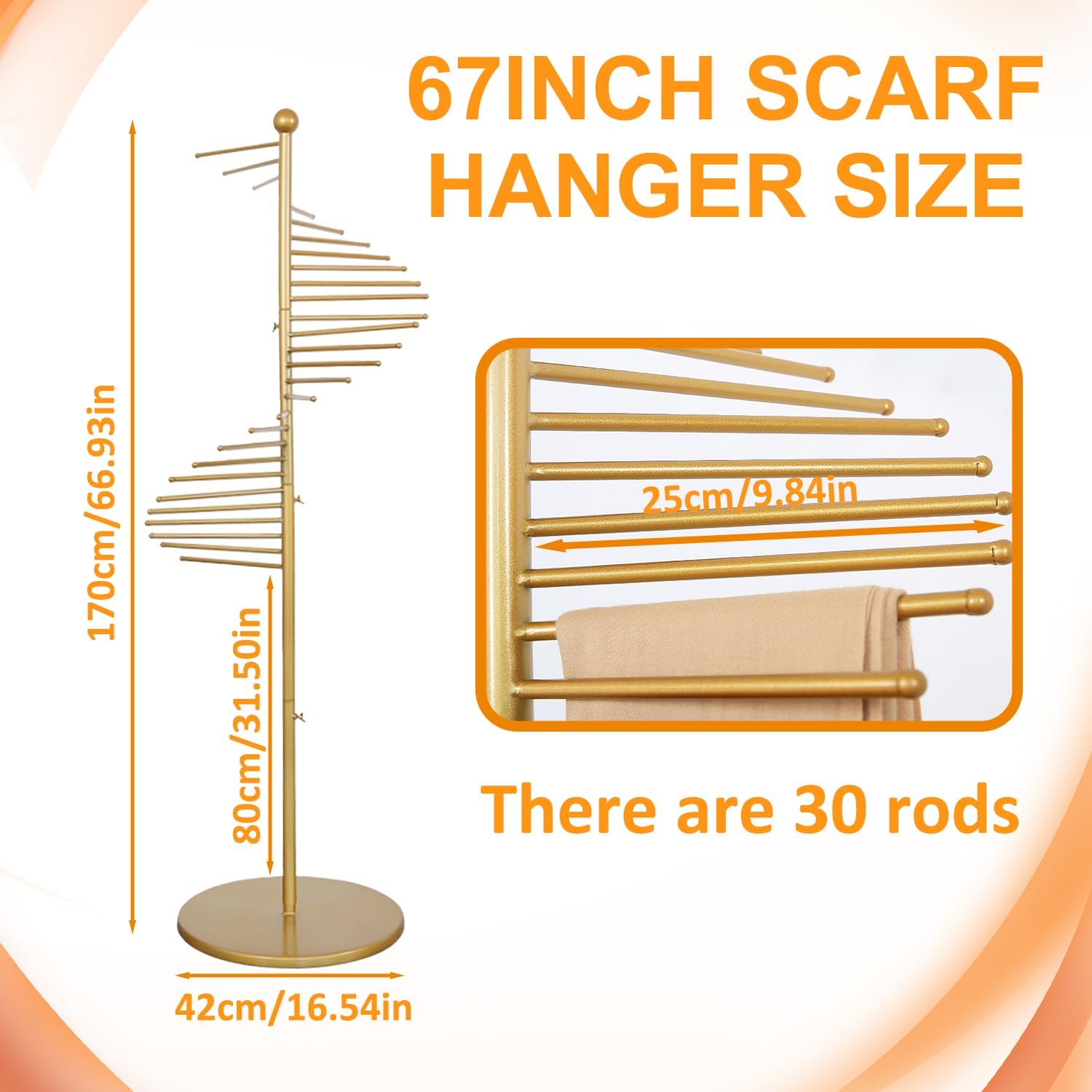 Scarf Display Stand, 67" 30 Rods Spiral Scarf Holder, Gold Scarf Display Rack for Clothing Store, Commercial Hijab Organizer Display Rack, Belt Pants Blankets Hanger for Space Saving Shelves