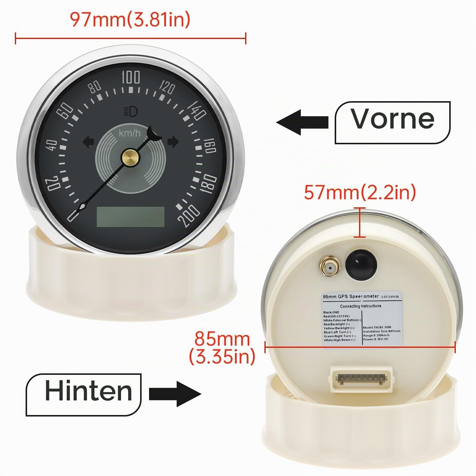 GPS Tacho 85mm 0-200km/h mit Blinker Warnleuchten, wasserdicht IP67 für Auto, Boot, Wohnmobil