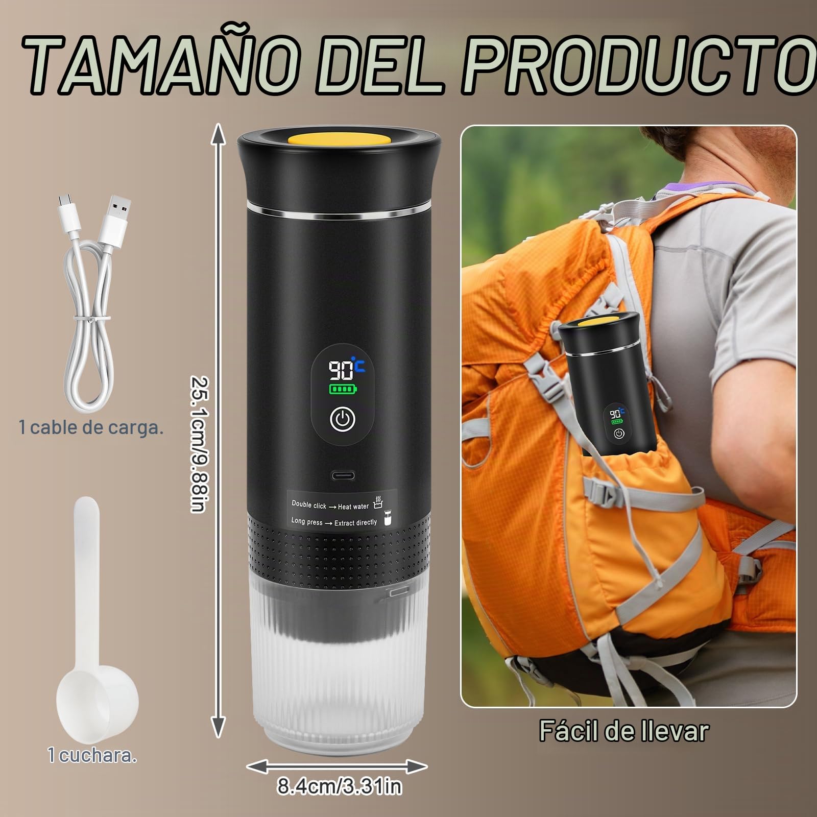 3 en 1 Cafetera Portátil, 12V Cafetera Espresso Portátil, Cafetera Espresso Eléctrica Portátil con USB-C con Cápsula y café molido para RV, Acampada, Senderismo, Oficina y Hogar(Negro)
