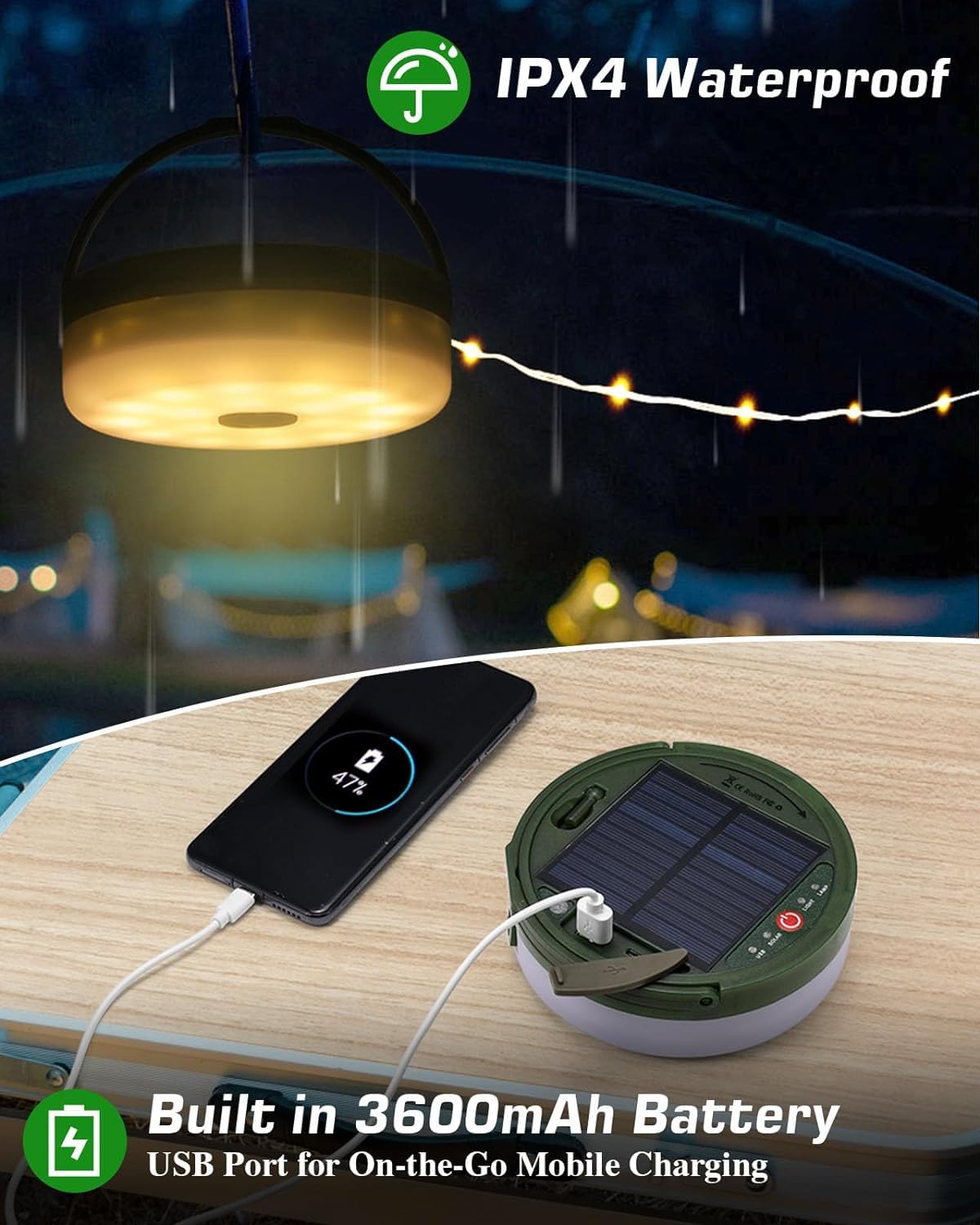 Lampe Solaire Extérieure 3 En 1 Rétractable 12M - Guirlande Camping 8 Modes USB Rechargeable Étanche