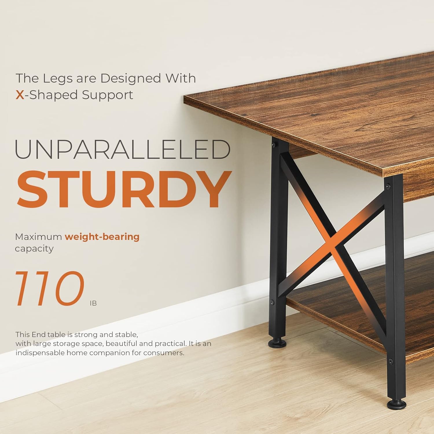 GreenForest Coffee Table Large 43.3 x 23.6 inch Rustic Farmhouse with Storage Shelf for Living Room End Table 24 inch Industrial Design Side Table with Storage Shelf Walnut