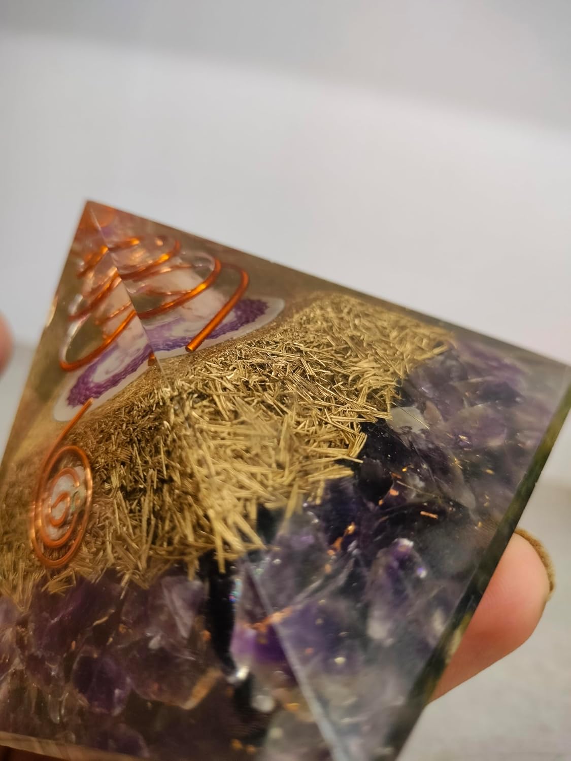 New Orgone Pyramid Energy Generator – Amethyst Orgonite Pyramid with Crown Chakra Symbol & Brass for EMF Protection, Healing & Meditation and Home Decor