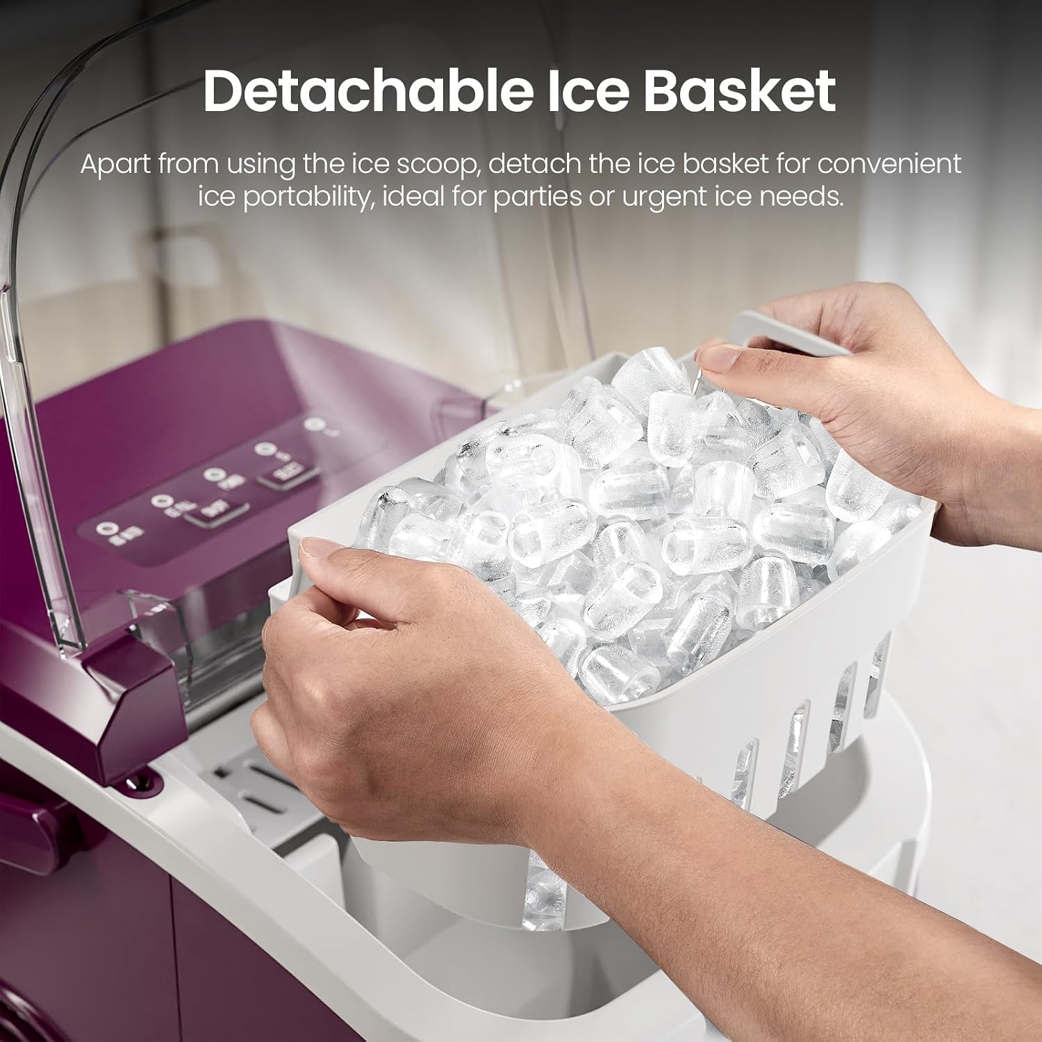 Kismile Ice Makers Countertop with Handle,8 Cubes in 6 Mins,Portable Ice Maker Machine with Self-Cleaning for Home/Office(Purple)