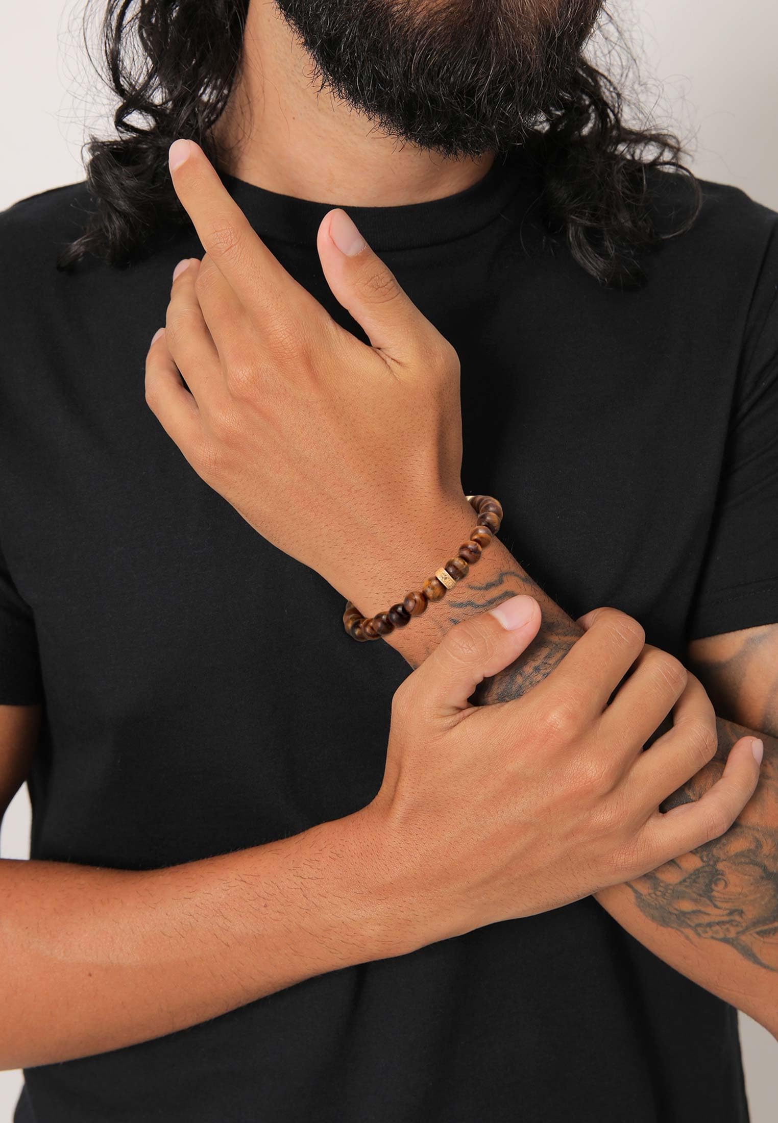 Kuzzoi Buddha Herren Edelstein Armband elastisch aus Perlen (8 mm) | Naturstein mit Beads 925 Silber oxidiert Länge 19 21 cm