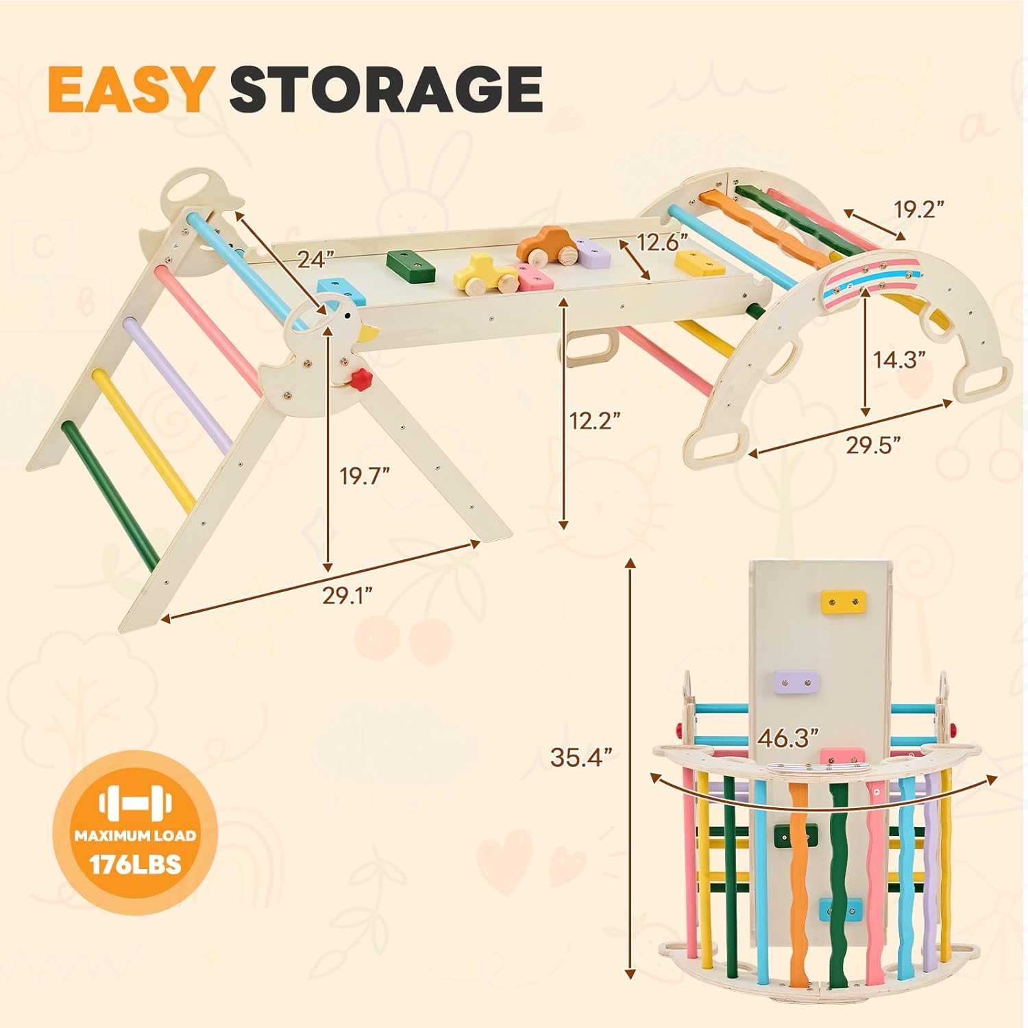 DUMOS 9-in-1 Pikler Triangle Set for Toddlers, Foldable Montessori Climbing Toys Indoor Play Structure, Wooden Jungle Gym with Arch, Ramp and Ladder, Safe Baby Climber, Multicolored