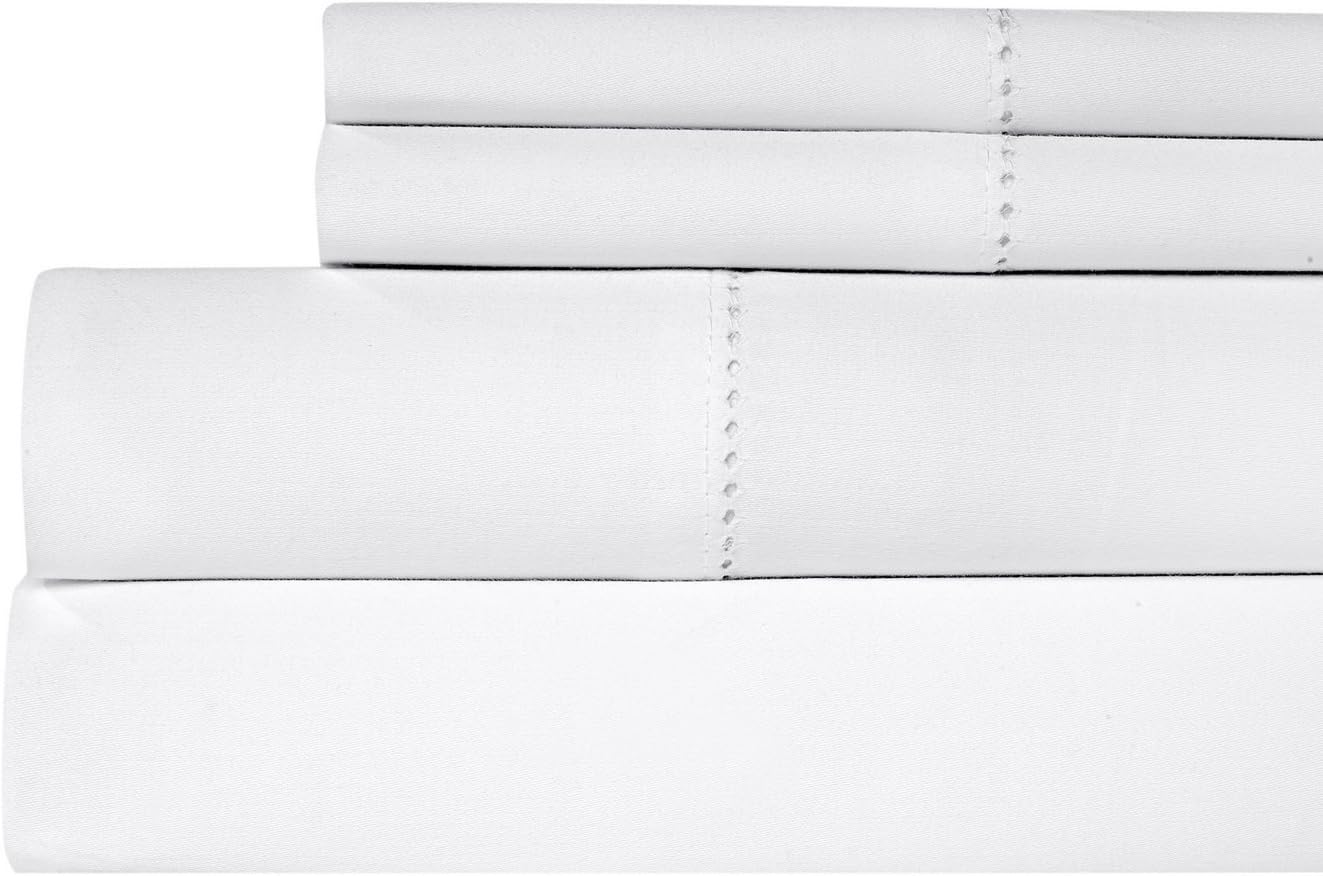 Cotton Bed Sheets Set - Hemstitch Bedsheet 500 Thread Count 100% Cotton Queen Sheet Set, 4-Piece Bedding Set, Elastic Deep Pocket Fitted Sheet, White
