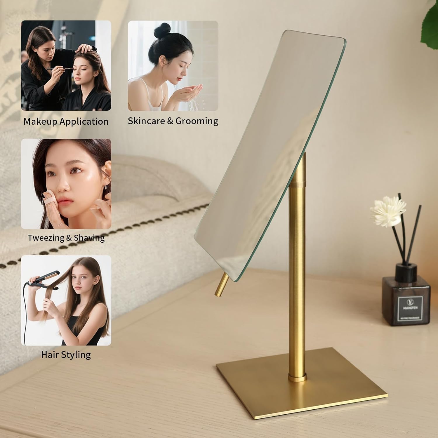 Bronze Table Standing Rectangular Vanity Makeup Mirror with 3X Magnification, Highly Adjustable, Crafted from 304 Stainless Steel, for Hotel Bathroom