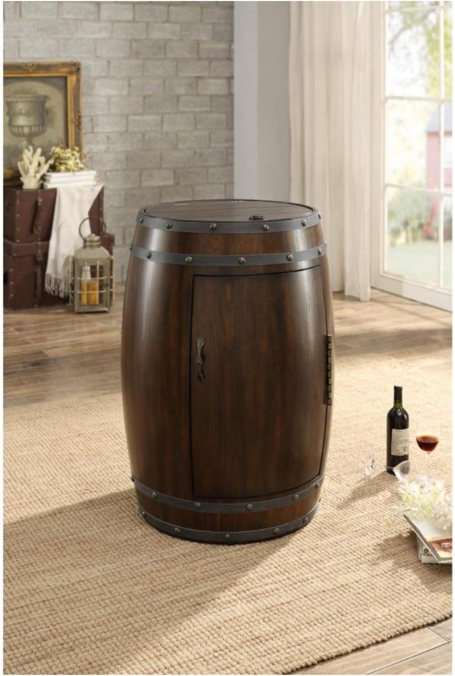Benzara Wooden Wine Barrel Refrigerator Brown Home & Kitchen
