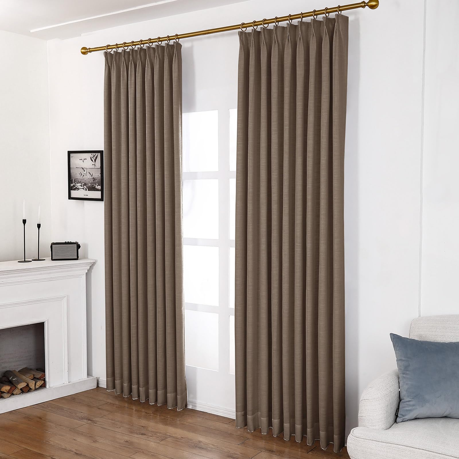 Cortinas opacas de lino gris pardo de 96 pulgadas, 2 paneles plisados para oscurecer la habitación, 100% bloqueo de luz, tela texturizada para dormitorio y sala de estar, 40 pulgadas de ancho x 96