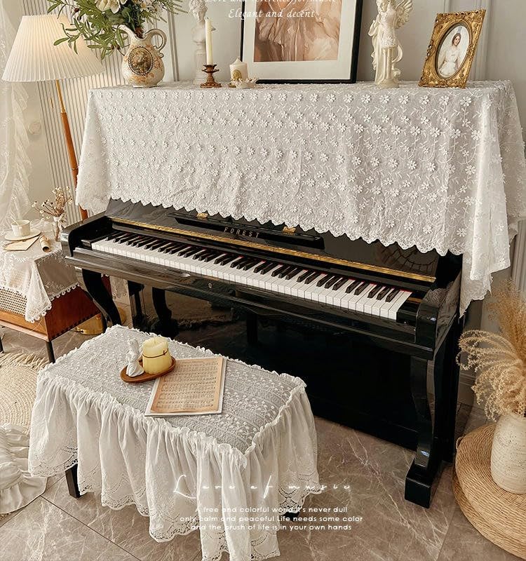 Klavier-Staubschutz, Klaviertastatur-Abdeckung, 130 x 250 cm, Retro-Staubschutz for Klavier mit weißer Spitze, Gänseblümchen-Blume, bestickt, mit Hocker-Abdeckung, halber Klavier-Abdeckung (Farbe: Gän