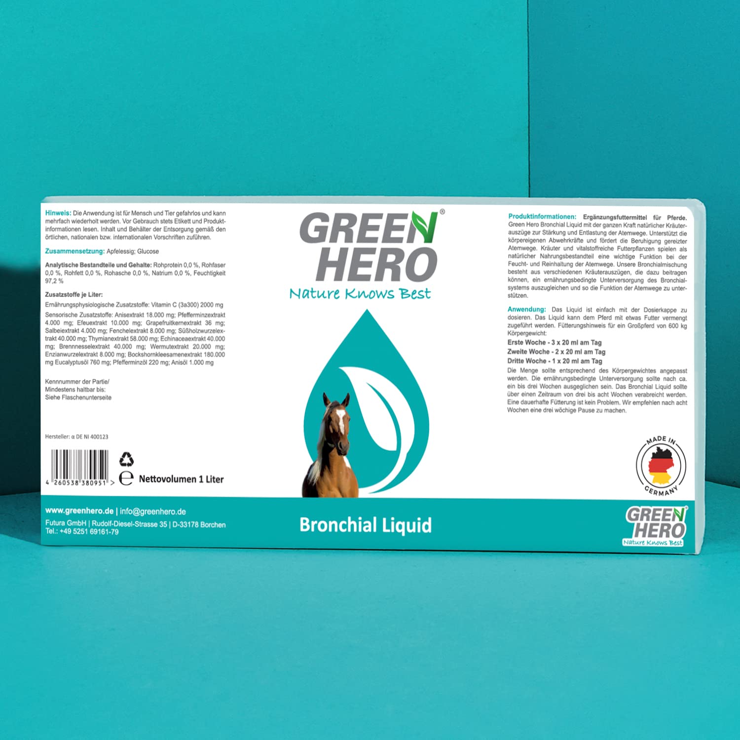 Green Hero Bronchial Liquid pour Chevaux 1000 ML – Jus d'herbes bronchiques avec extraits d'herbes de thym, fenouil et Plus – Jus bronchique avec Herbes respiratoires pour renforcer Les Voies