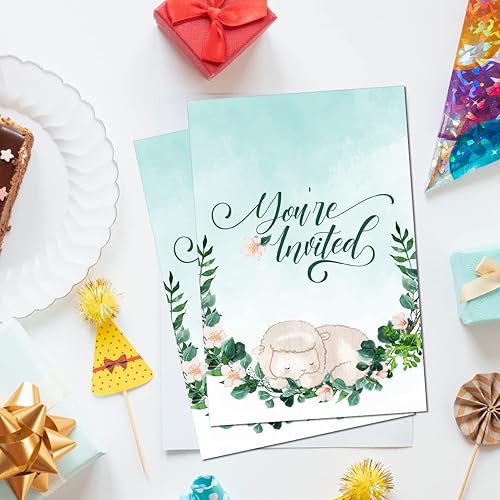 Miniatura 5 de Greenery Sheep Baby Shower - Invitaciones para fiesta de baby shower con sobres, juego de 20 invitaciones de cordero, baby shower, género neutro,