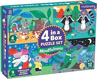 Mudpuppy Mindfulness 4-in-a-Box Puzzle Set – Includes 4 Progressive Jigsaw Puzzles for Kids with 4-12 Pieces – Features Co...