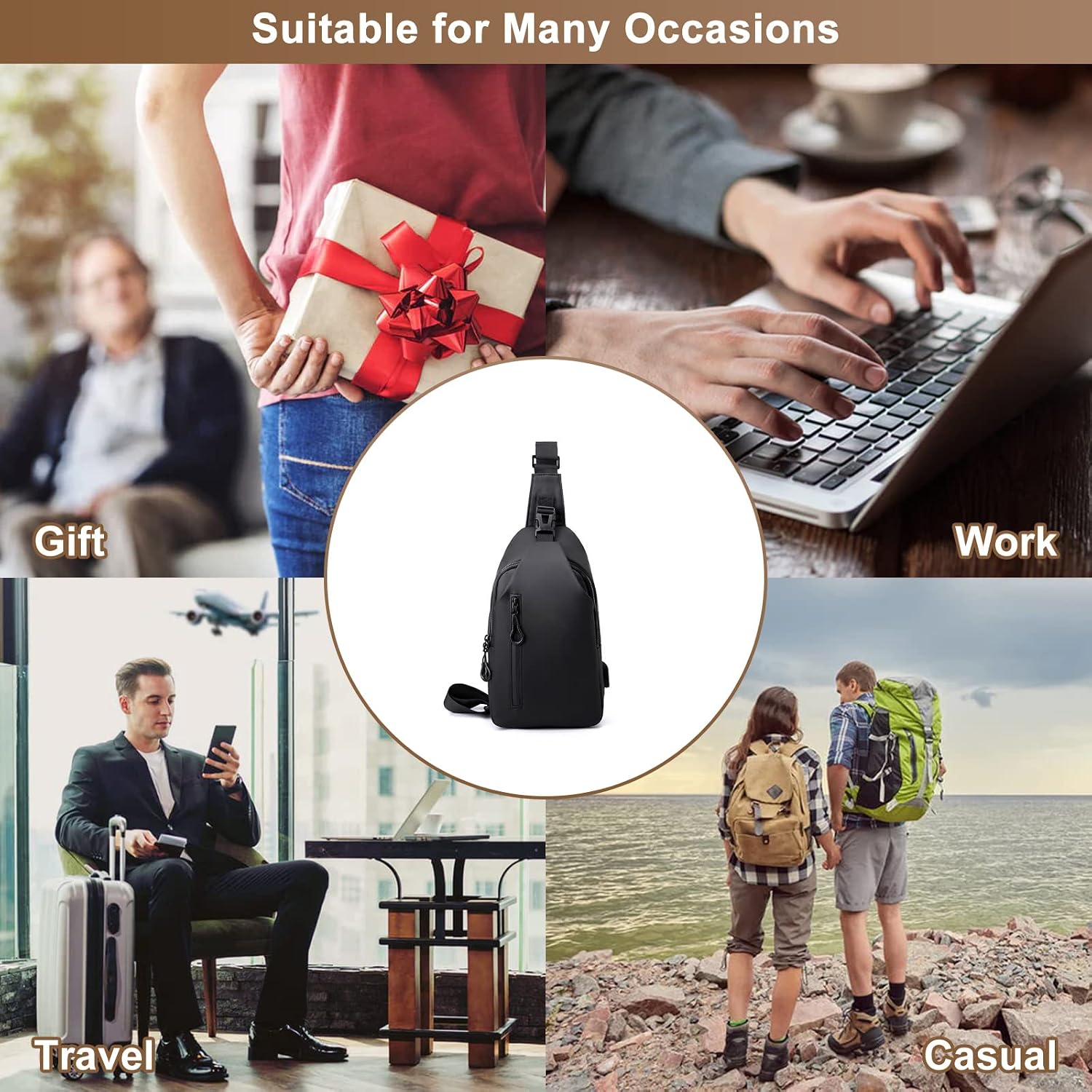 Men's Lightweight Small Chest Bag Nylon Crossbody Sling Bags Casual Daypack with USB Charging Port