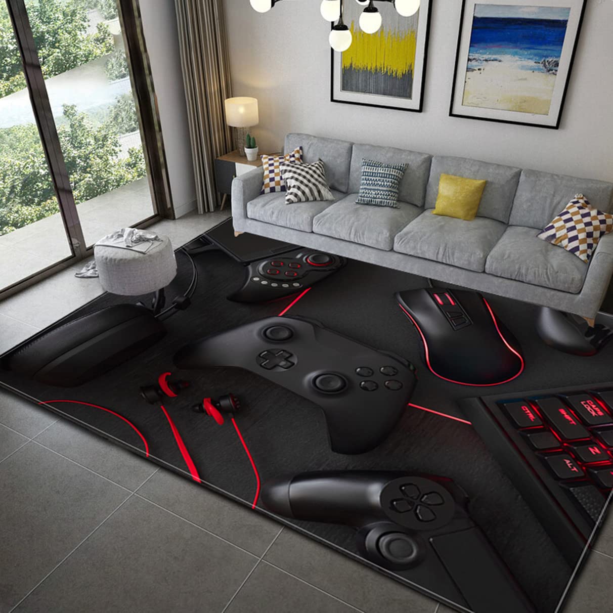Alfombra Grande del Dormitorio de la Sala de Estar del Jugador Moderno 3D Consola de Juegos Joystick Teclado Mouse Auriculares Patrón de Cable de Datos Alfombra Franela (Negro,140x200 cm)
