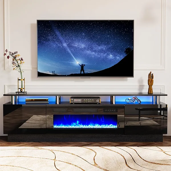 oneinmil 2 Tier TV Console Stand with 36" Electric Fireplace, LED Light Entertainment Center for TVs Up to 80" for The Living Room, 70", Black