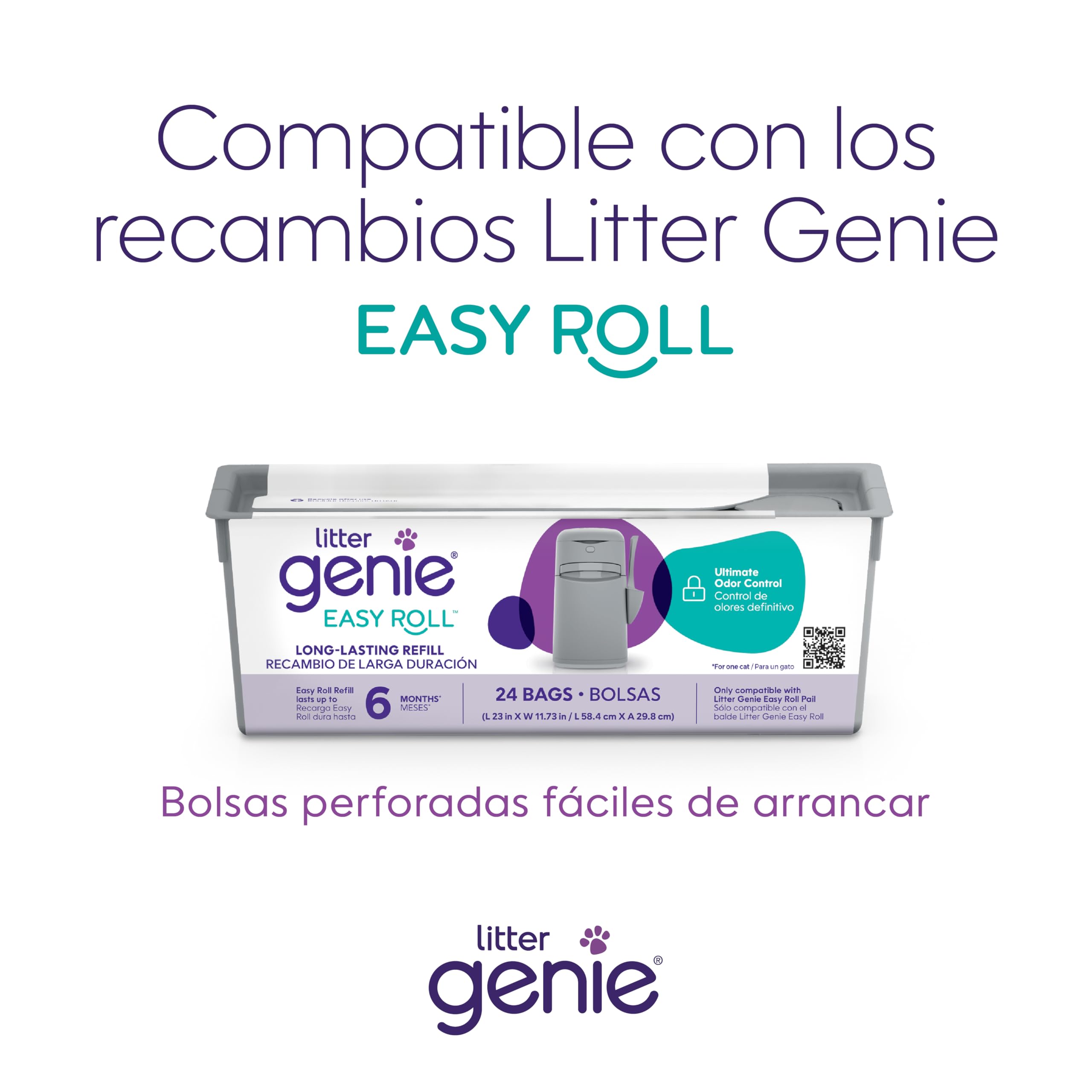 Litter Genie Easy Roll Pail, Sistema de eliminación de Arena para Gatos, Control de olores definitivo, Limpieza sin Esfuerzo, Incluye 1 Recambio con 12 Bolsas (3 Meses)