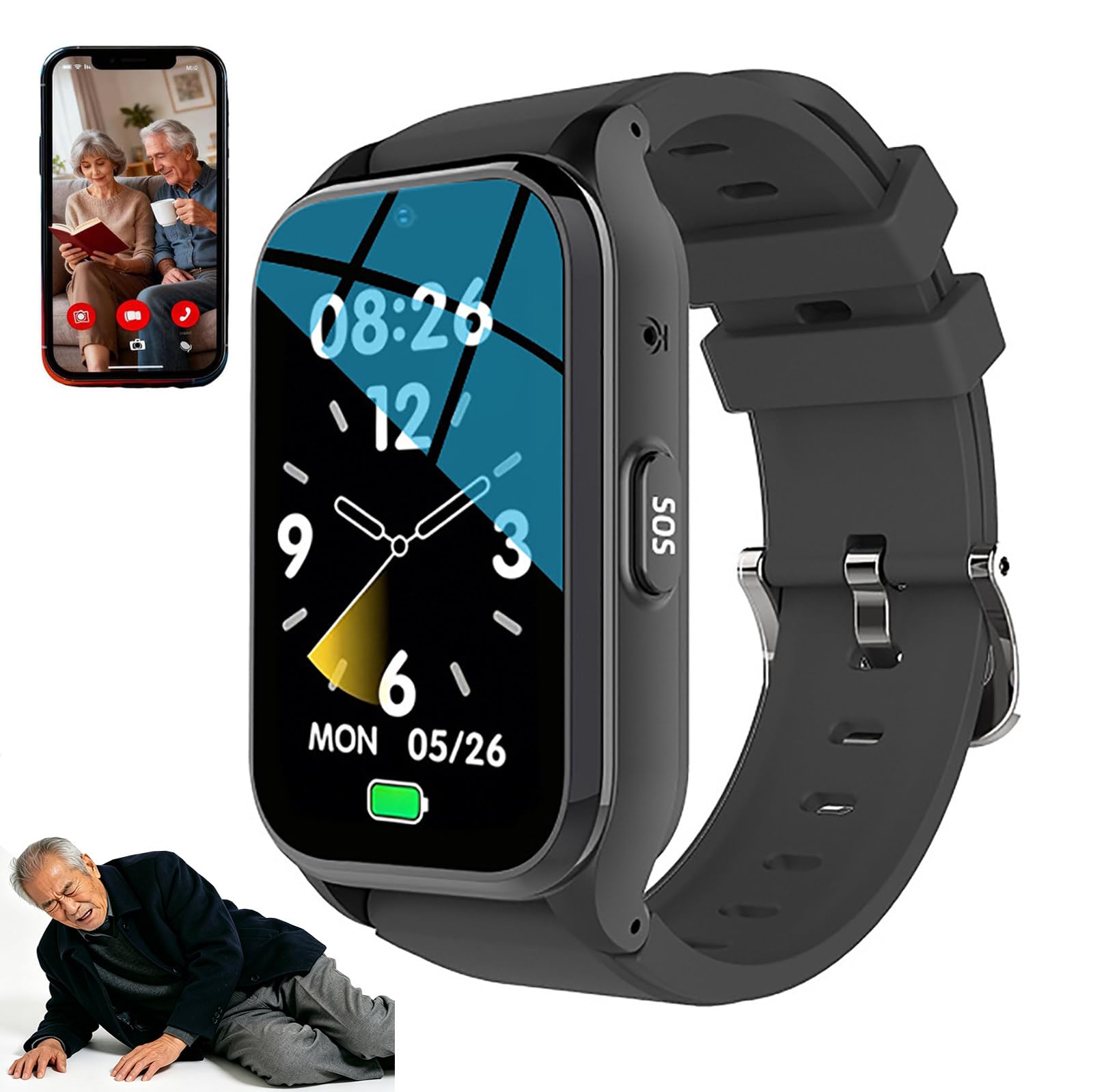 ZHZWwansuGE Smartwatch For Seniors, GPS Tracking, Fall Detection Alerts, SOS Button, 1.6″ HD Video Calling, Multi-Language Support, Health Monitoring, Anti-Lost Wristband Black