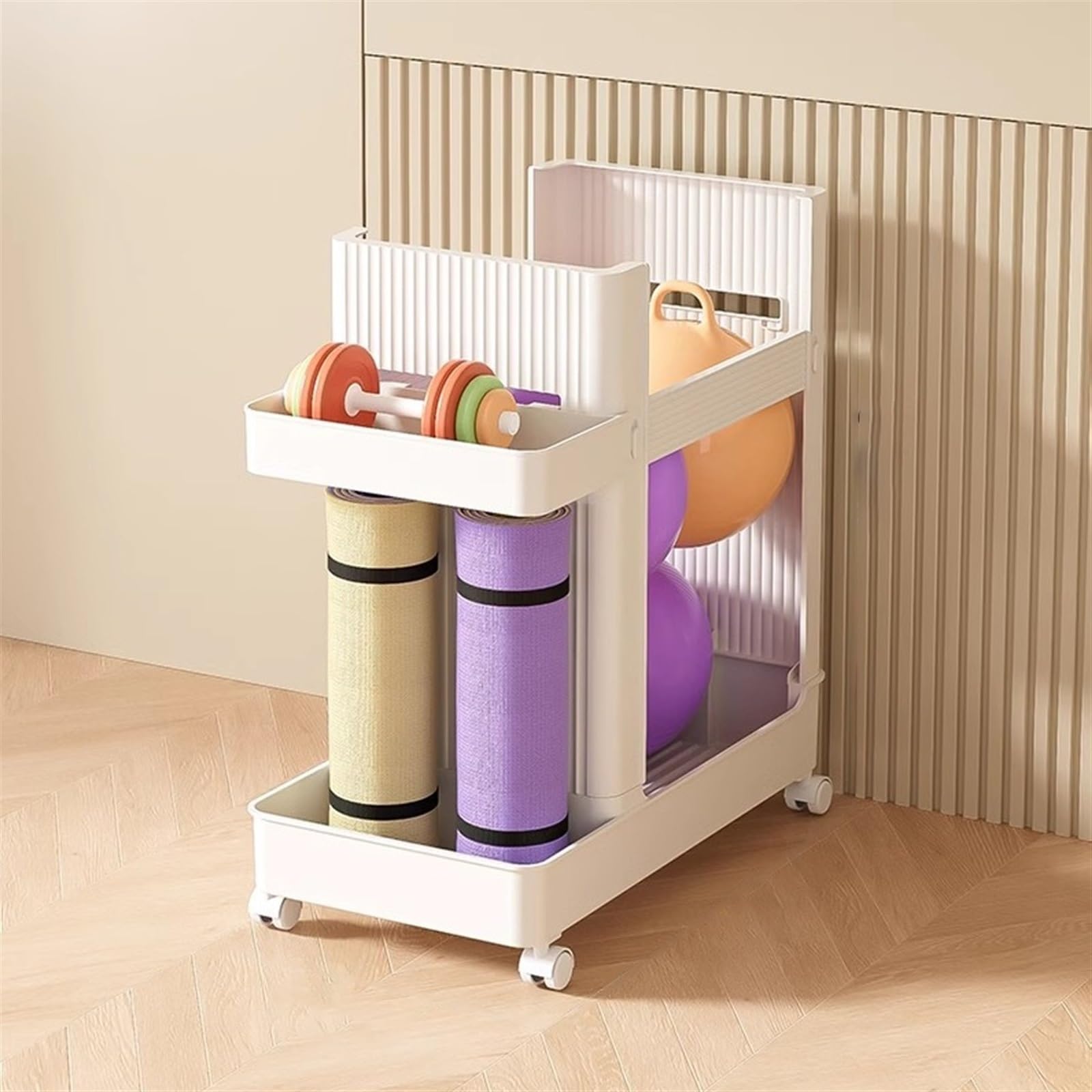 Carro de almacenamiento para gimnasio en casa con ruedas, soporte multifuncional para esterillas de yoga y organizador de equipos de entrenamiento para gimnasio en casa.