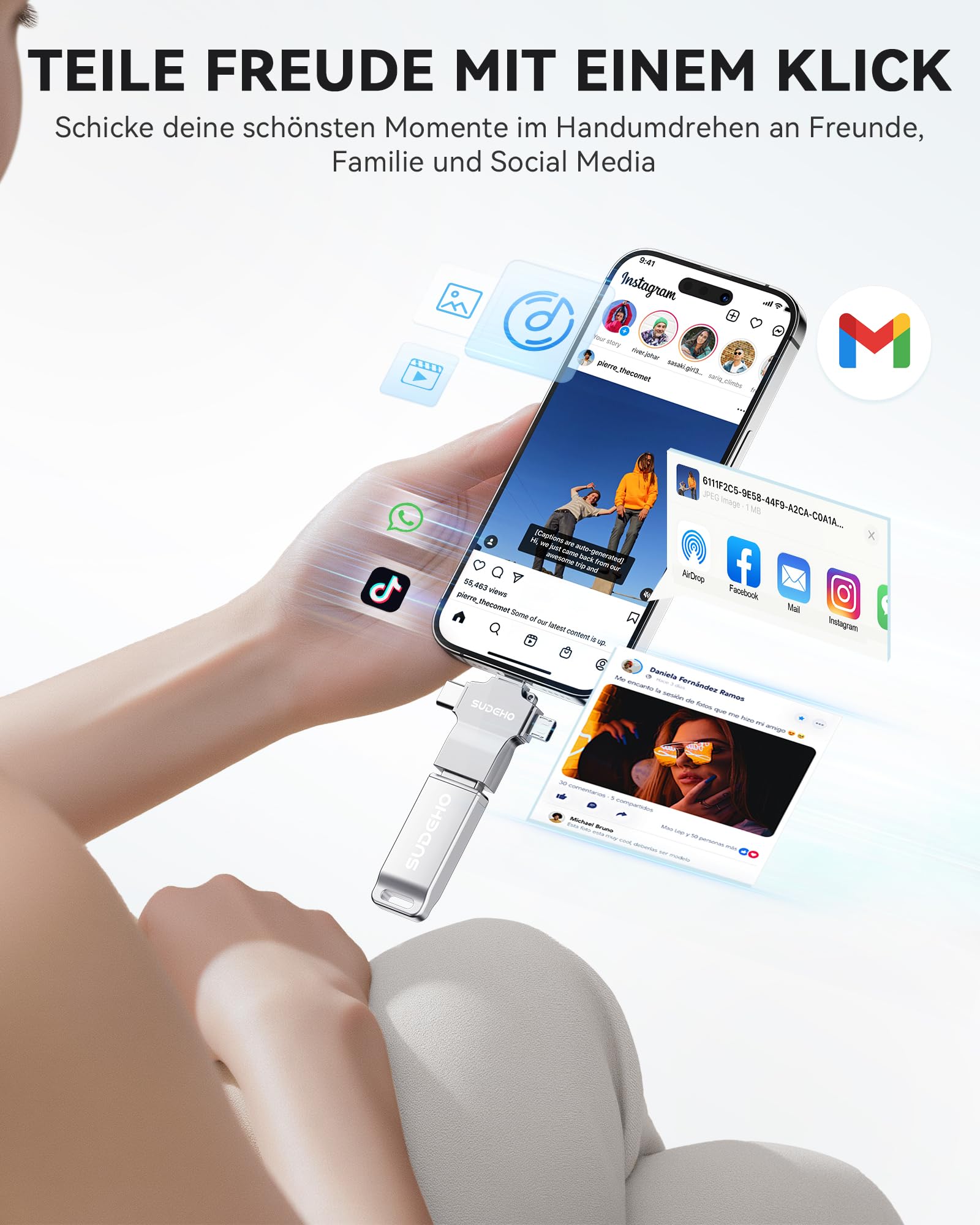 SUDEHO MFi USB Stick 256GB für iPhone, 4-in-1 Metall-Speicherstick, Silber | Flash-Laufwerk mit USB 3.0 High-Speed, für iPad, Android, PC, Mac, Backup von Fotos, Videos, Musik, Plug und Play