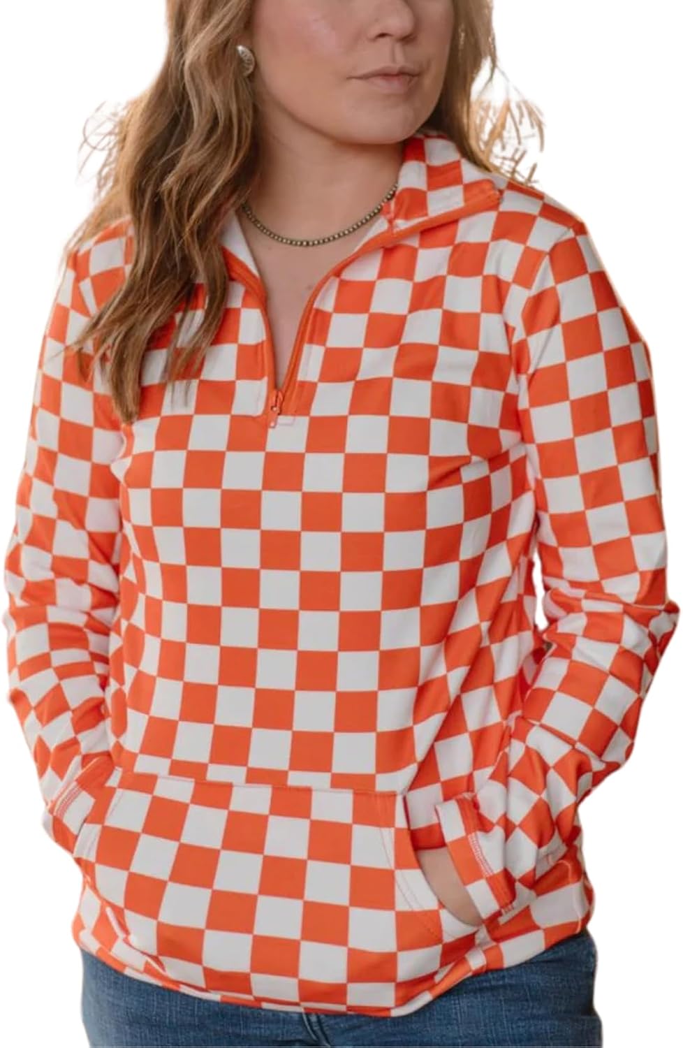 Womens Pep Rally Checkered Sweatshirts Game Day Spirit Shirt Quarter Zip Long Sleeves Pullover Tops with Pocket