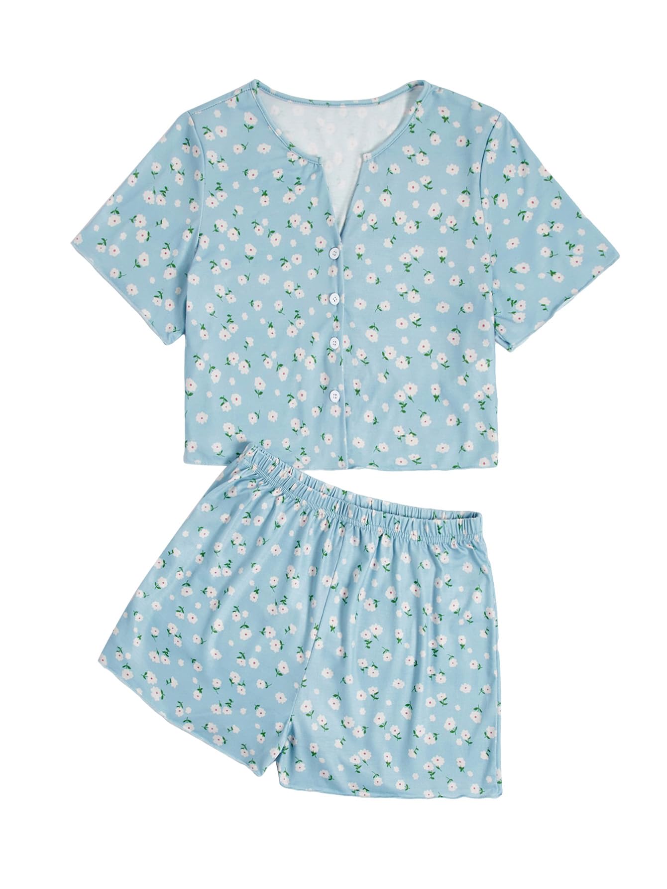 Verdusa Women's 2 Piece Lightweight Cute Pajamas Short Sleeve Ditsy Floral Button Loungewear Matching Pj Sets