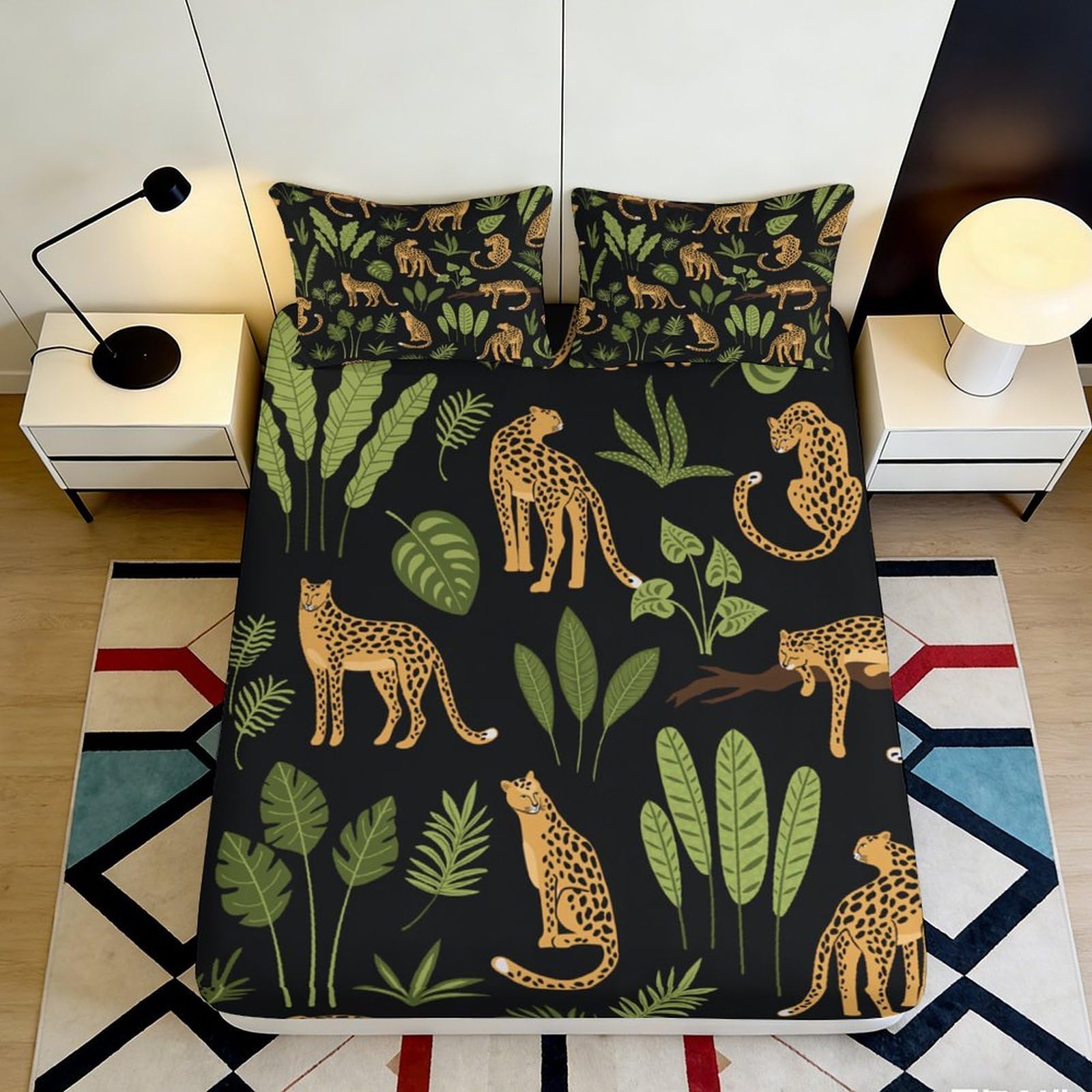 3D Printed Jungle Leopard Fitted Sheet Microfiber Protects Mattress Bedroom Decor Botanical Bed Cover 90x200x25cm