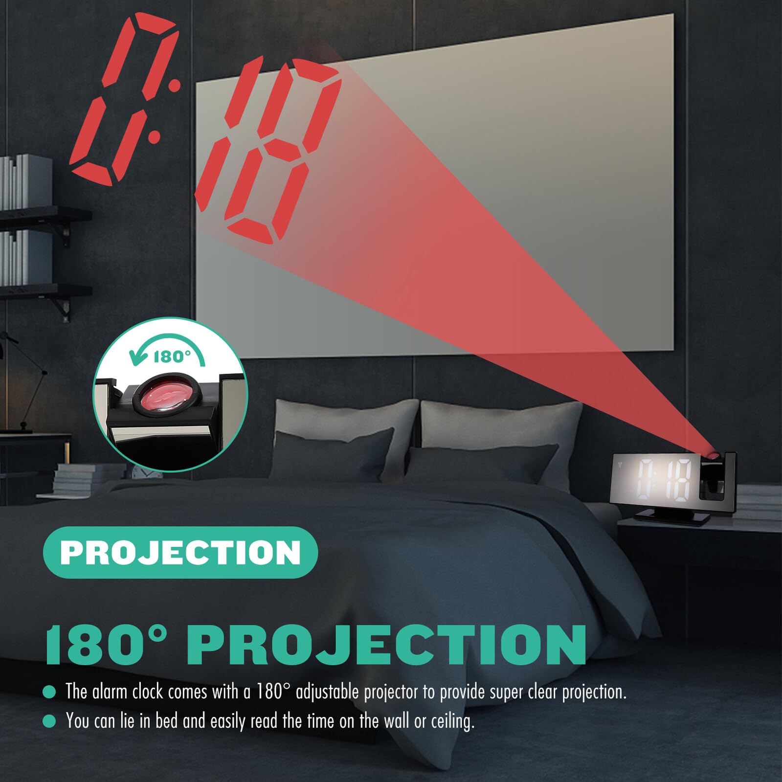 Hemobllo Reloj Despertador Digital con Proyector Giratorio Pantalla Grande LED Luz de Fondo para Mesita de Noche Oficina y Dormitorio Negro